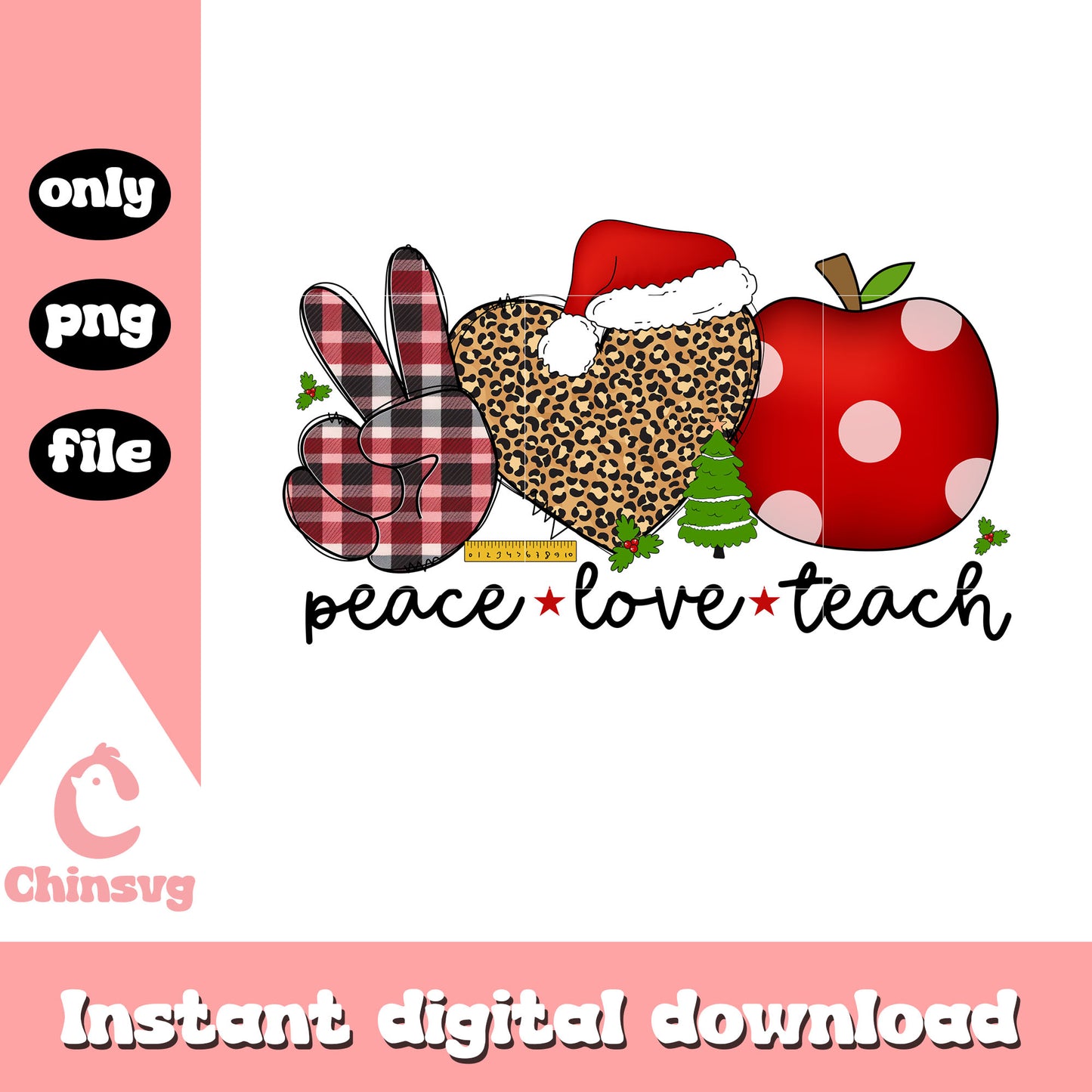 Peace love teach christmas design png, peace love teach png