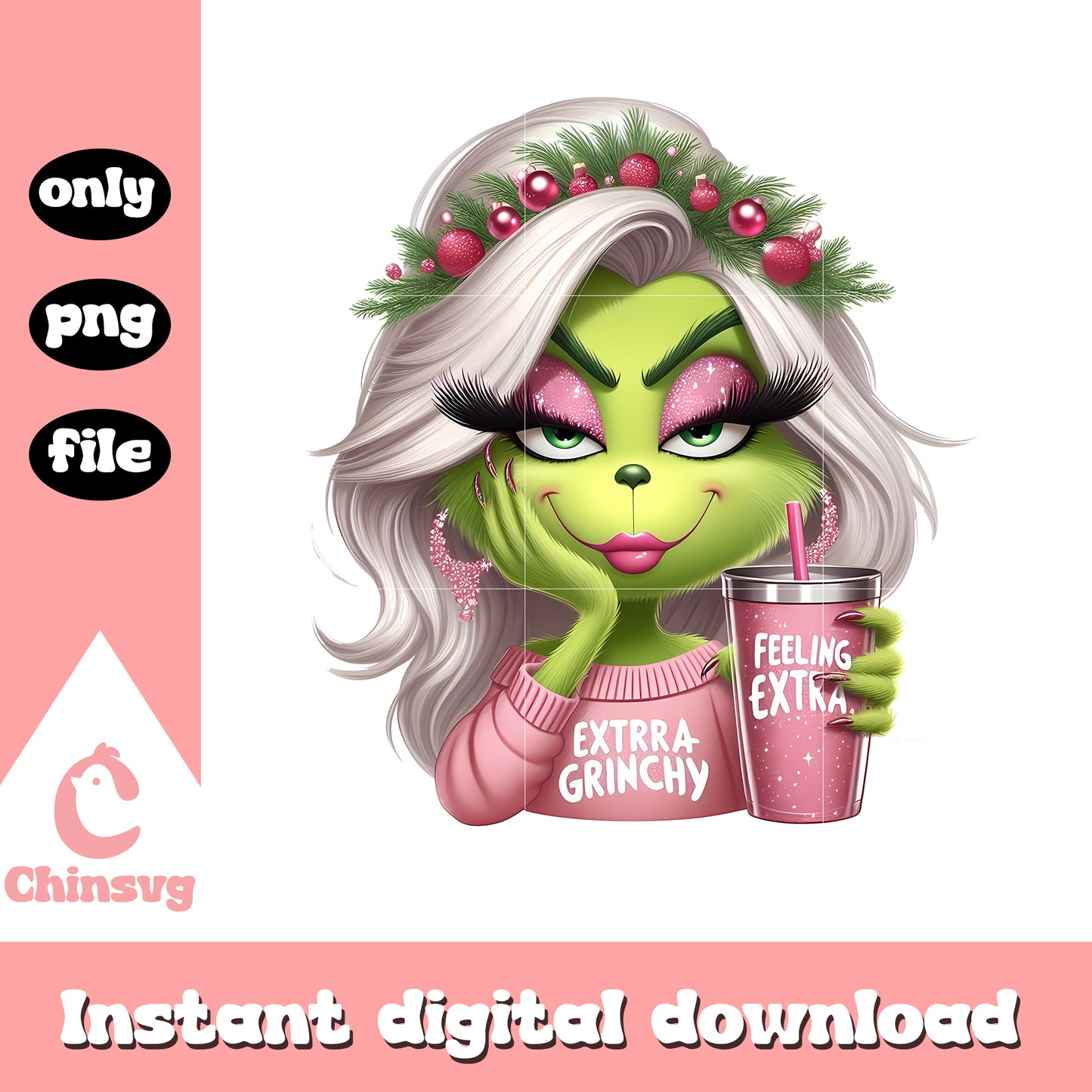 Pink feeling extra grinchy girl glitter png, cute grinch png