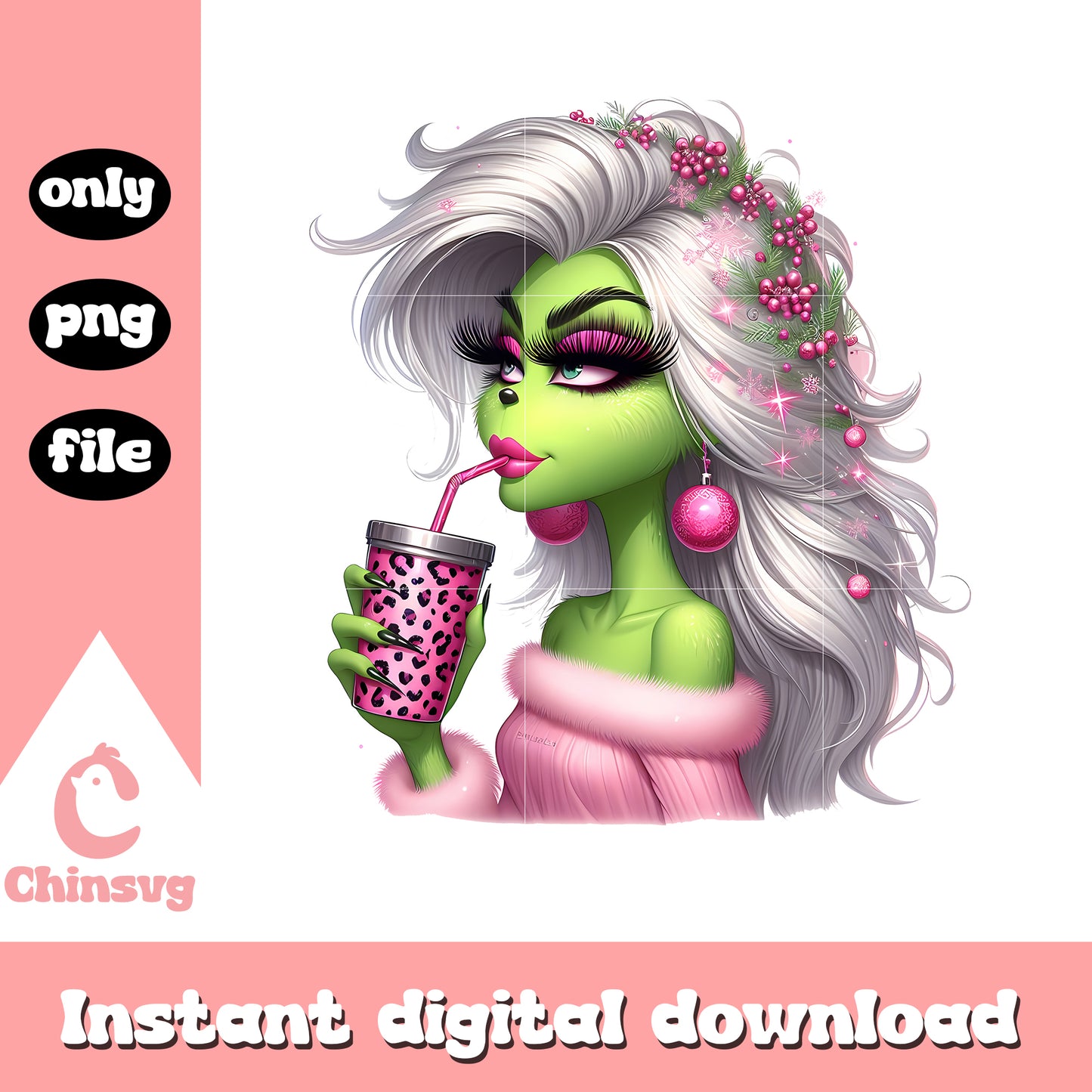 Pink grinch girl drinking design png, pink christmas png