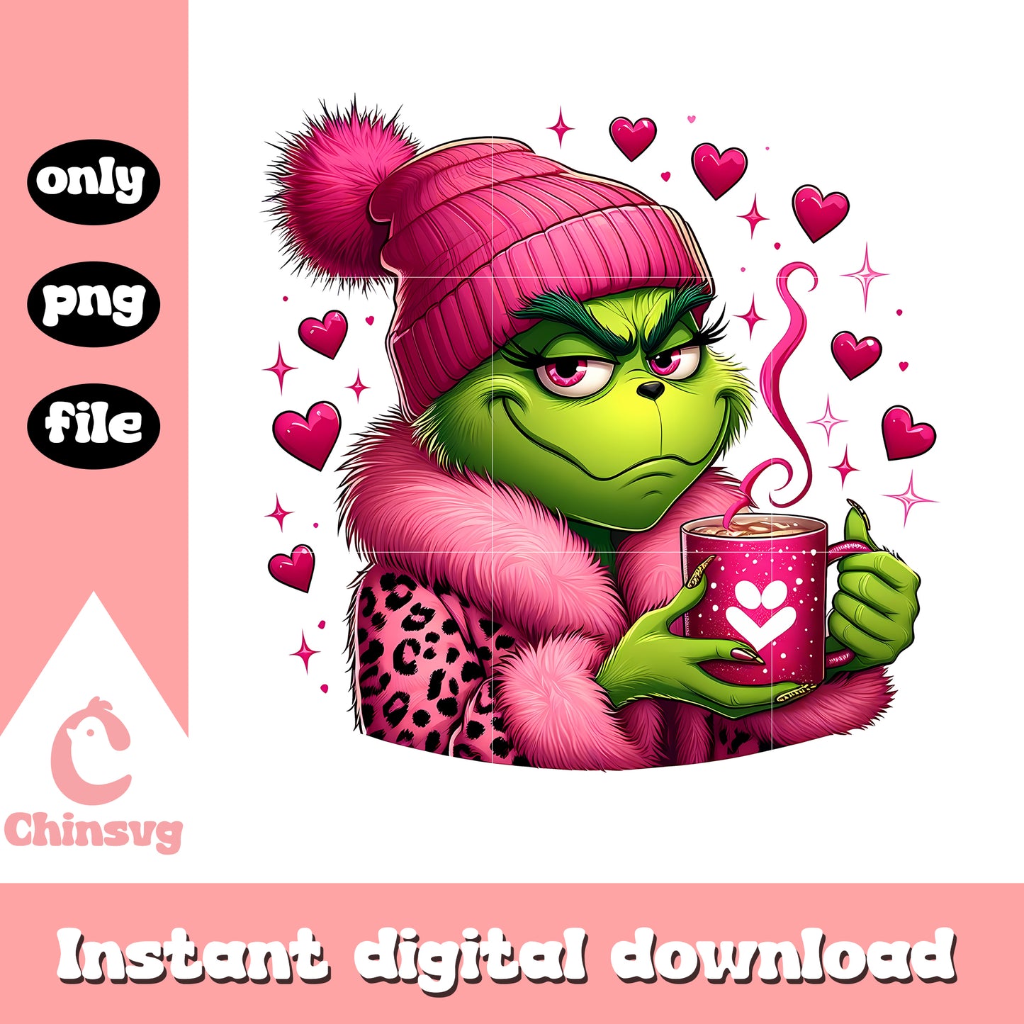 Pink grinch leopard drink coffee png, grinch coffee png