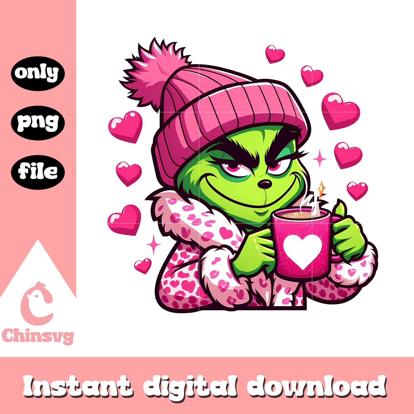 Pink grinch leopard heart coffee cup png, christmas pink png