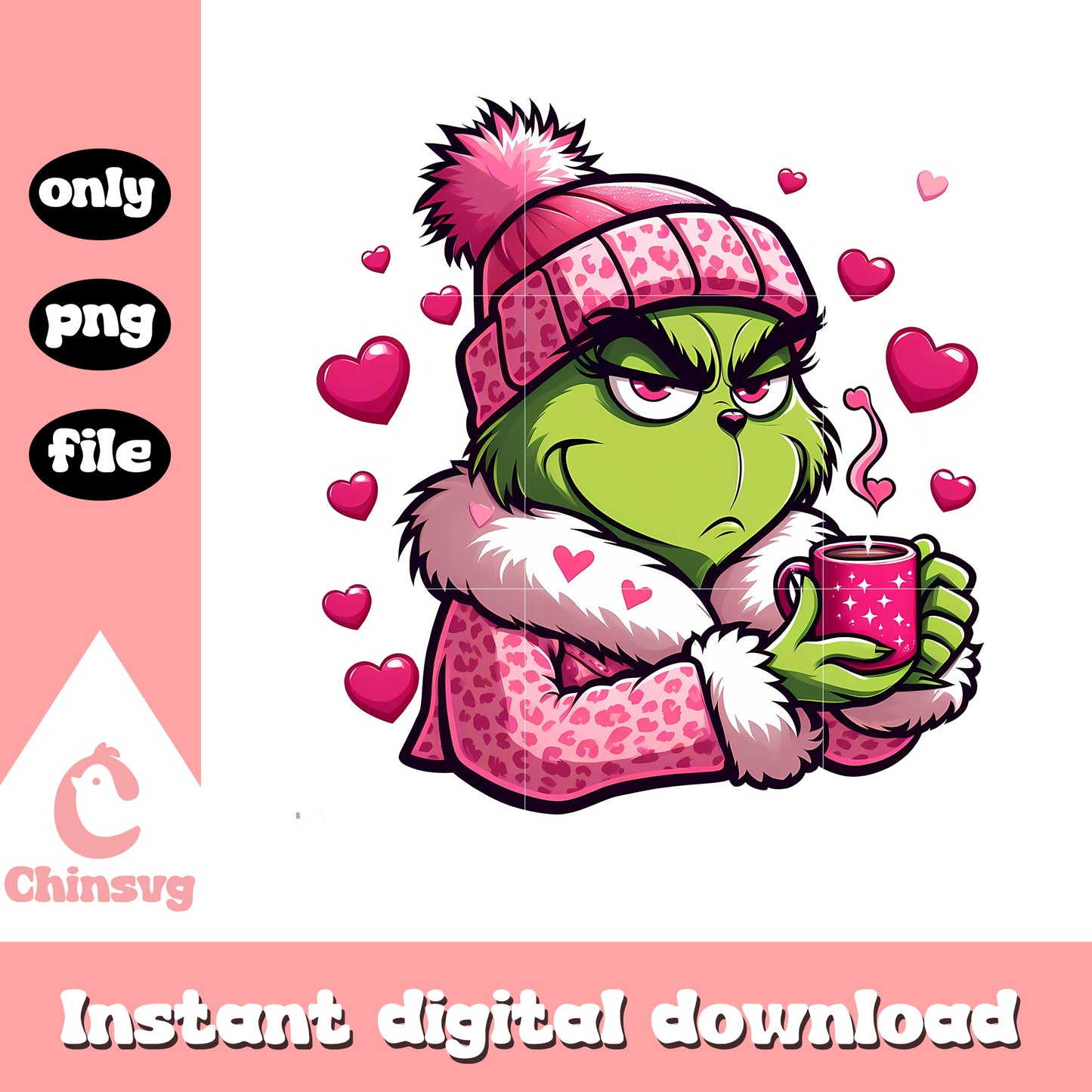 Pink grinch love coffee cup design png, grinch pink png