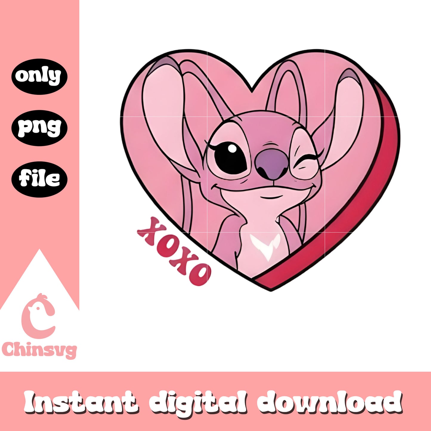Pink angel xoxo valentine png, stitch valentines day png