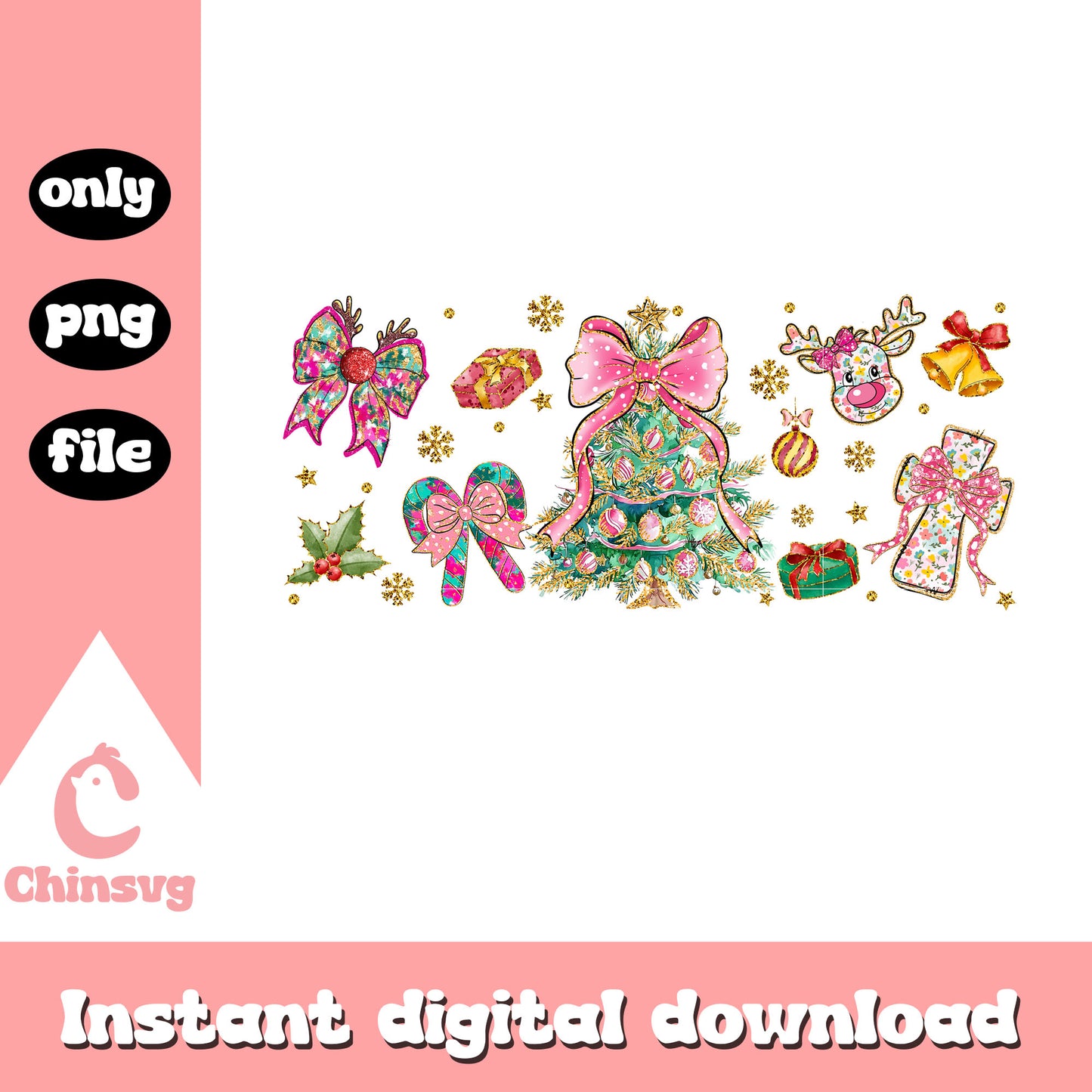 Pink bow christmas glitter tree png, happy christmas png