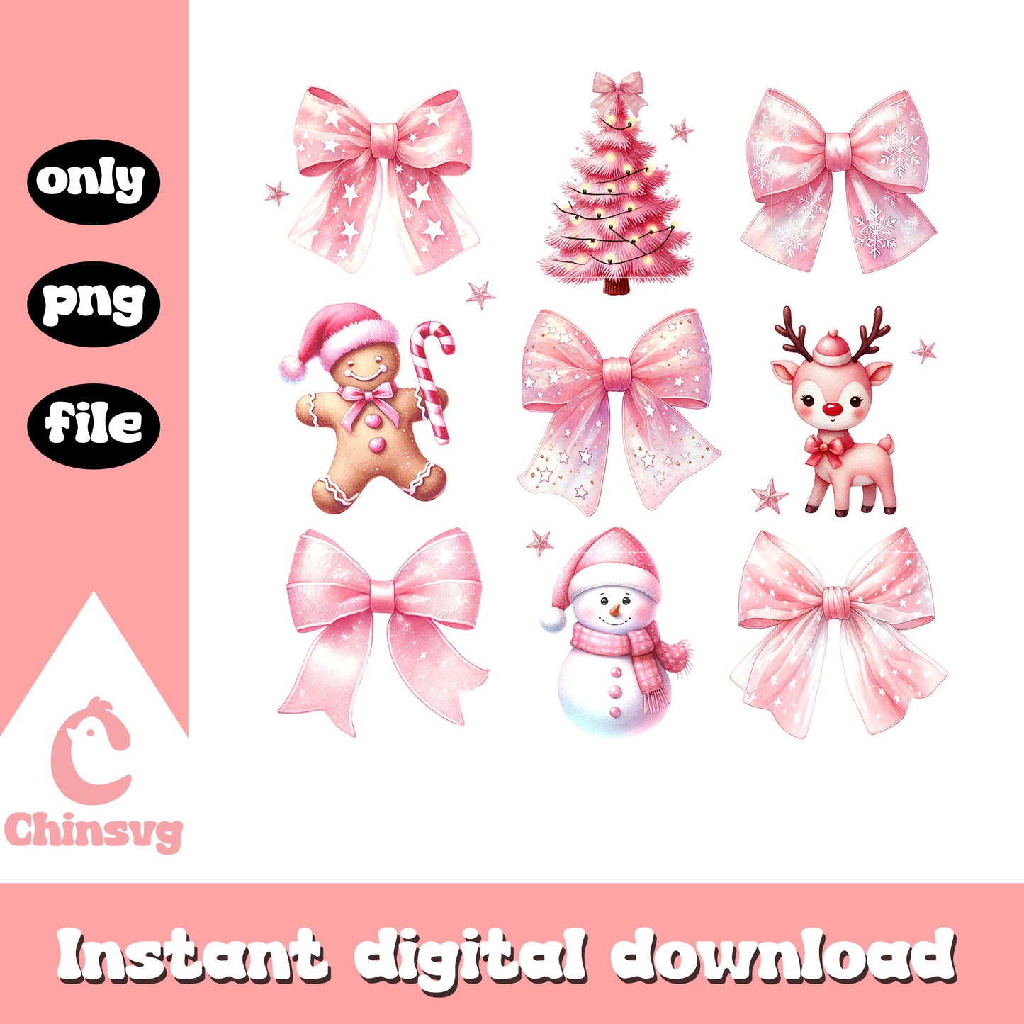 Pink christmas bow and gingerbread man png, pink christmas tree png