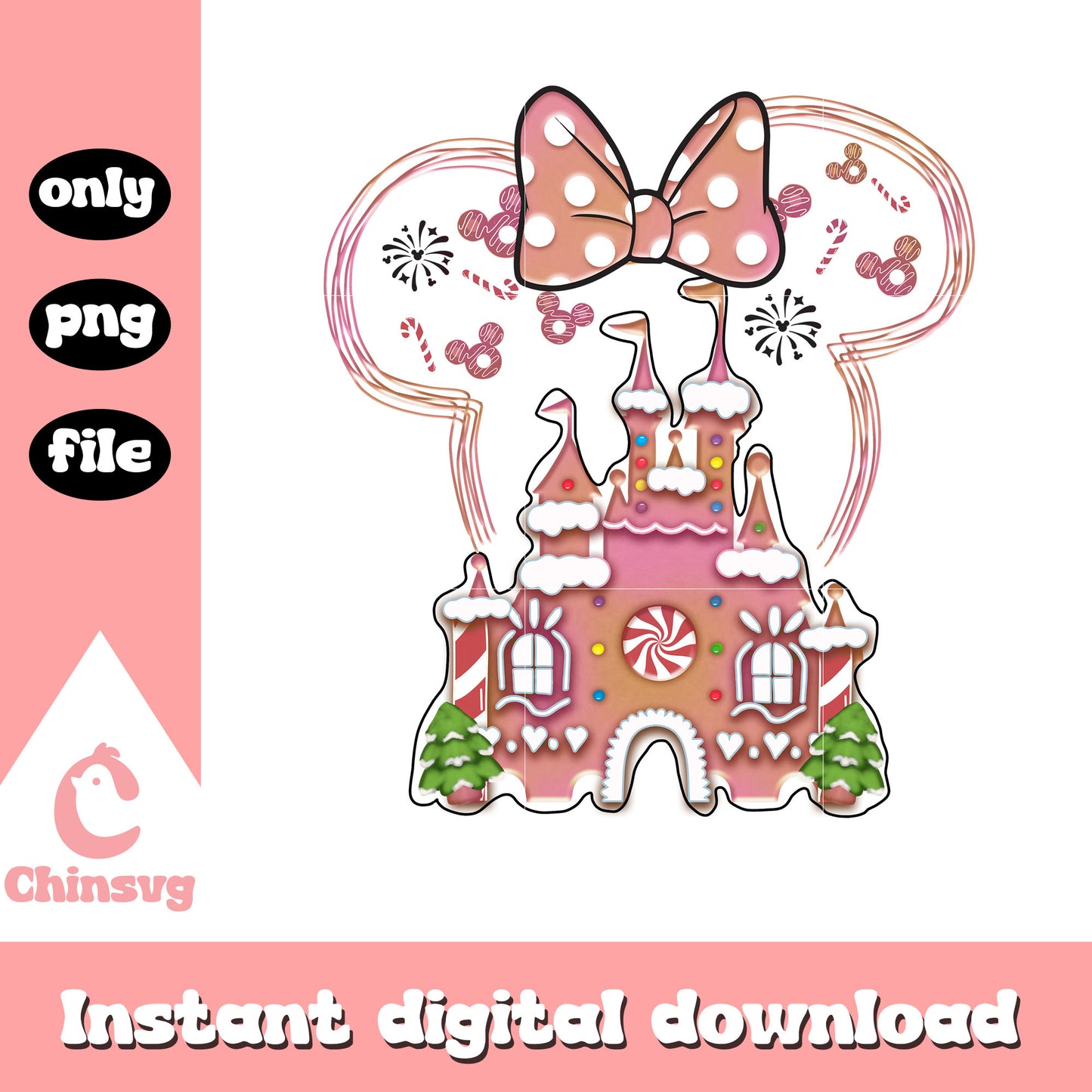 Pink christmas castle minnie head png, gingerbread castle png