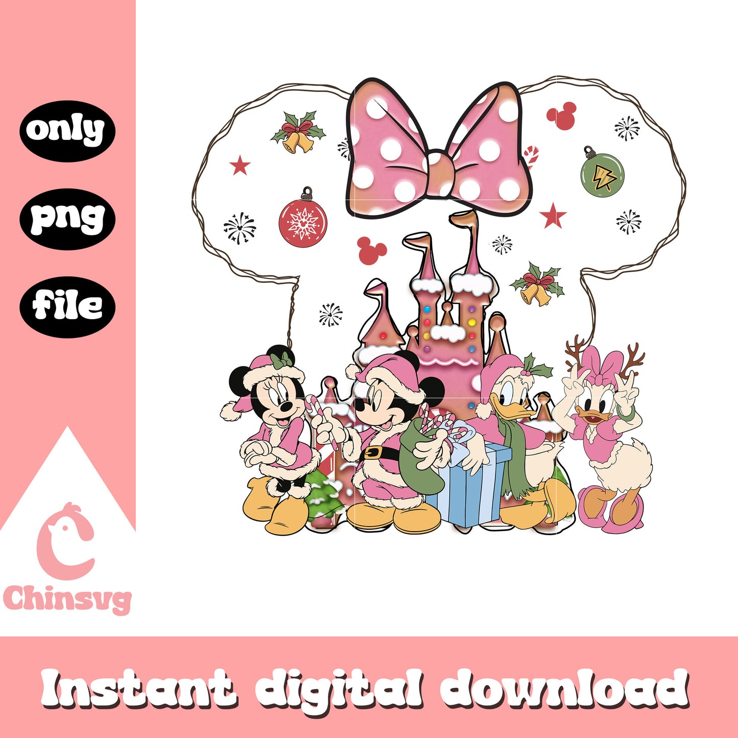 Pink christmas minnie and friends png, christmas ornaments disney png