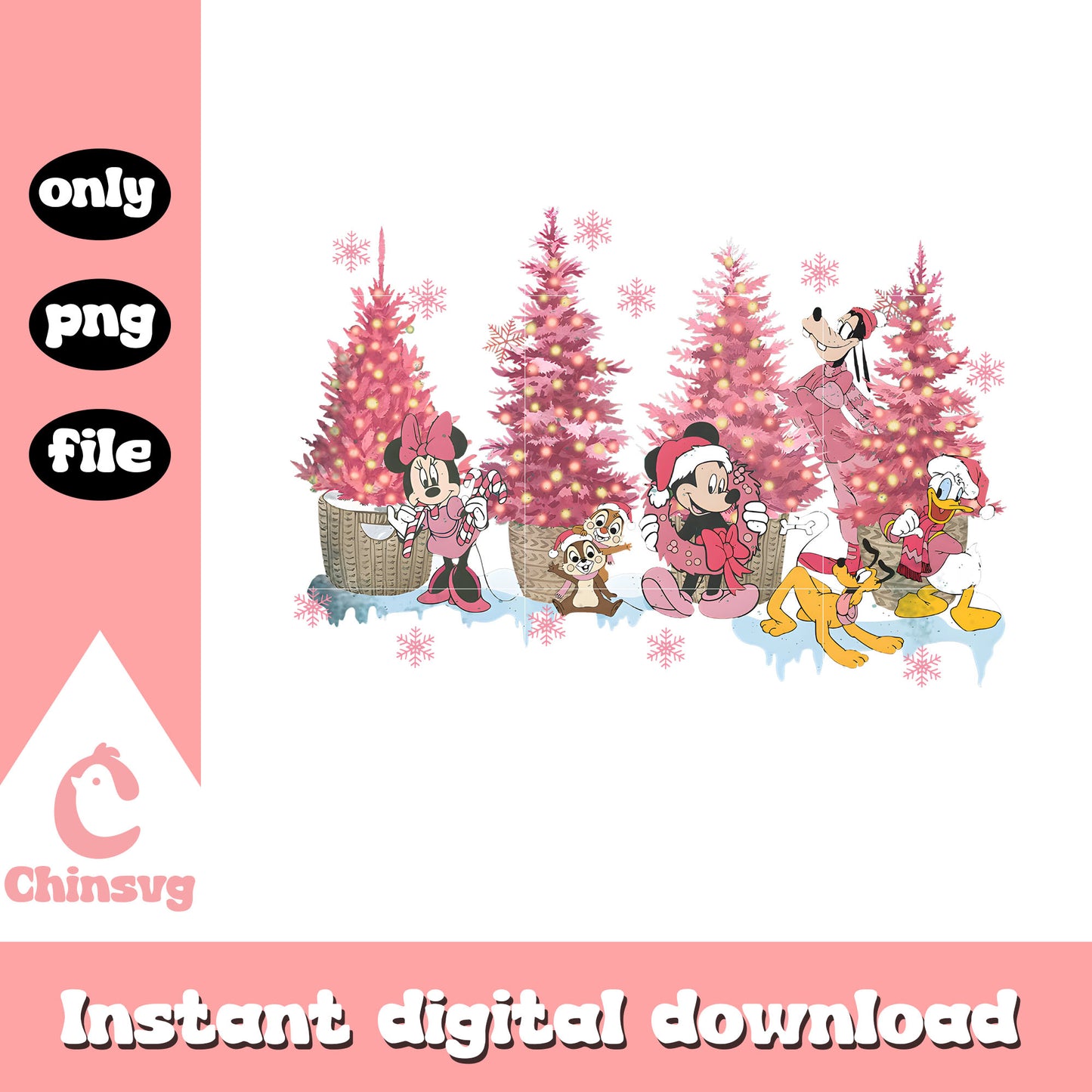 Pink christmas tree mickey friends design png, pink christmas png