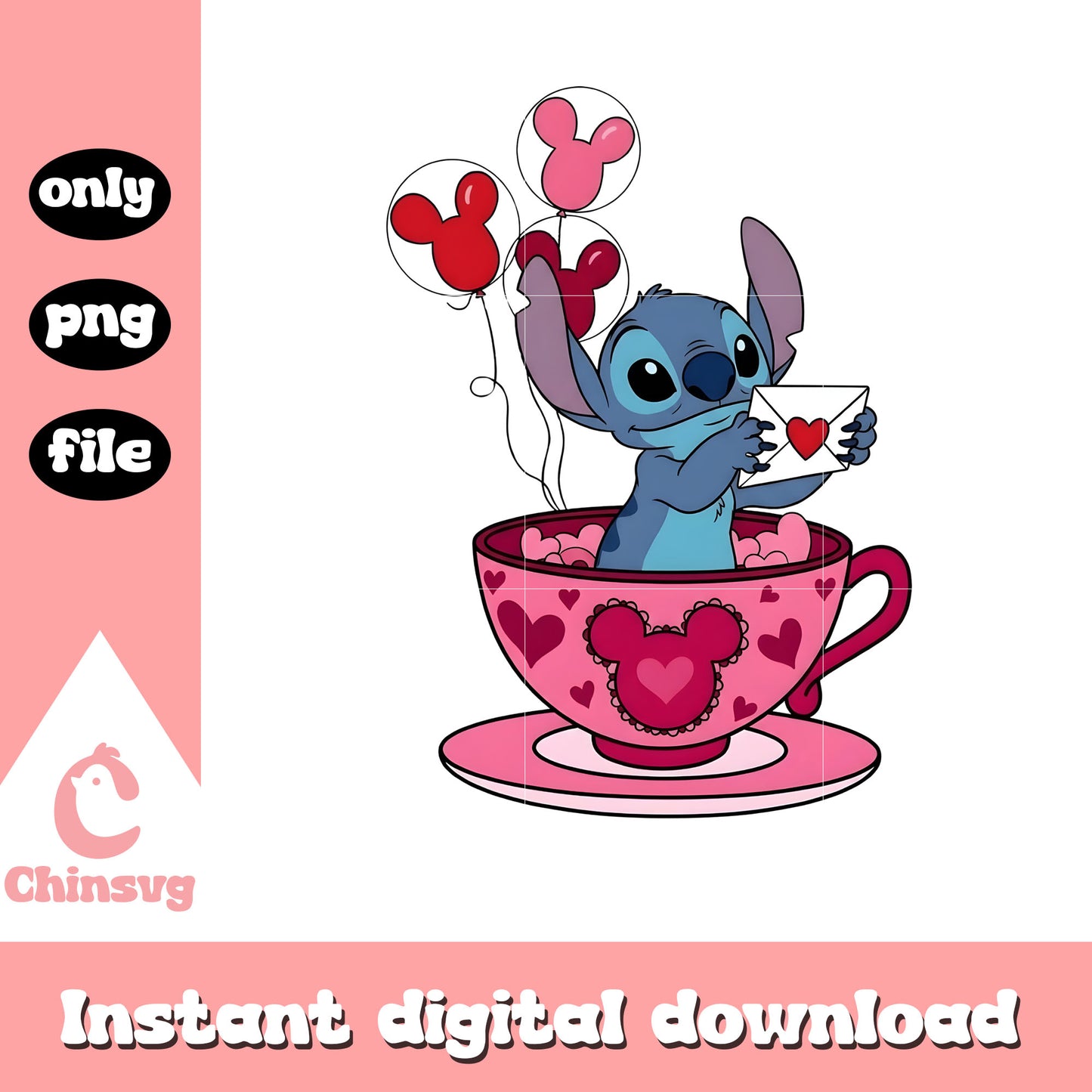 Pink coffee stitch valentine png, stitch valentines day png