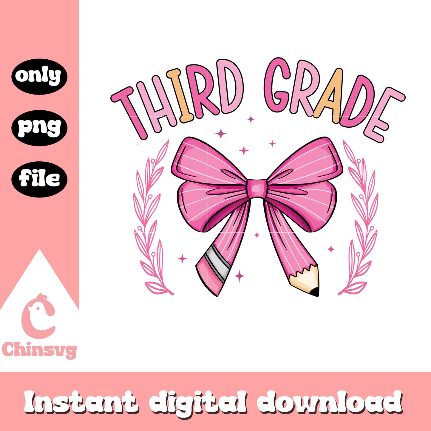 Pink coquette bow third grade design png, back to school season png