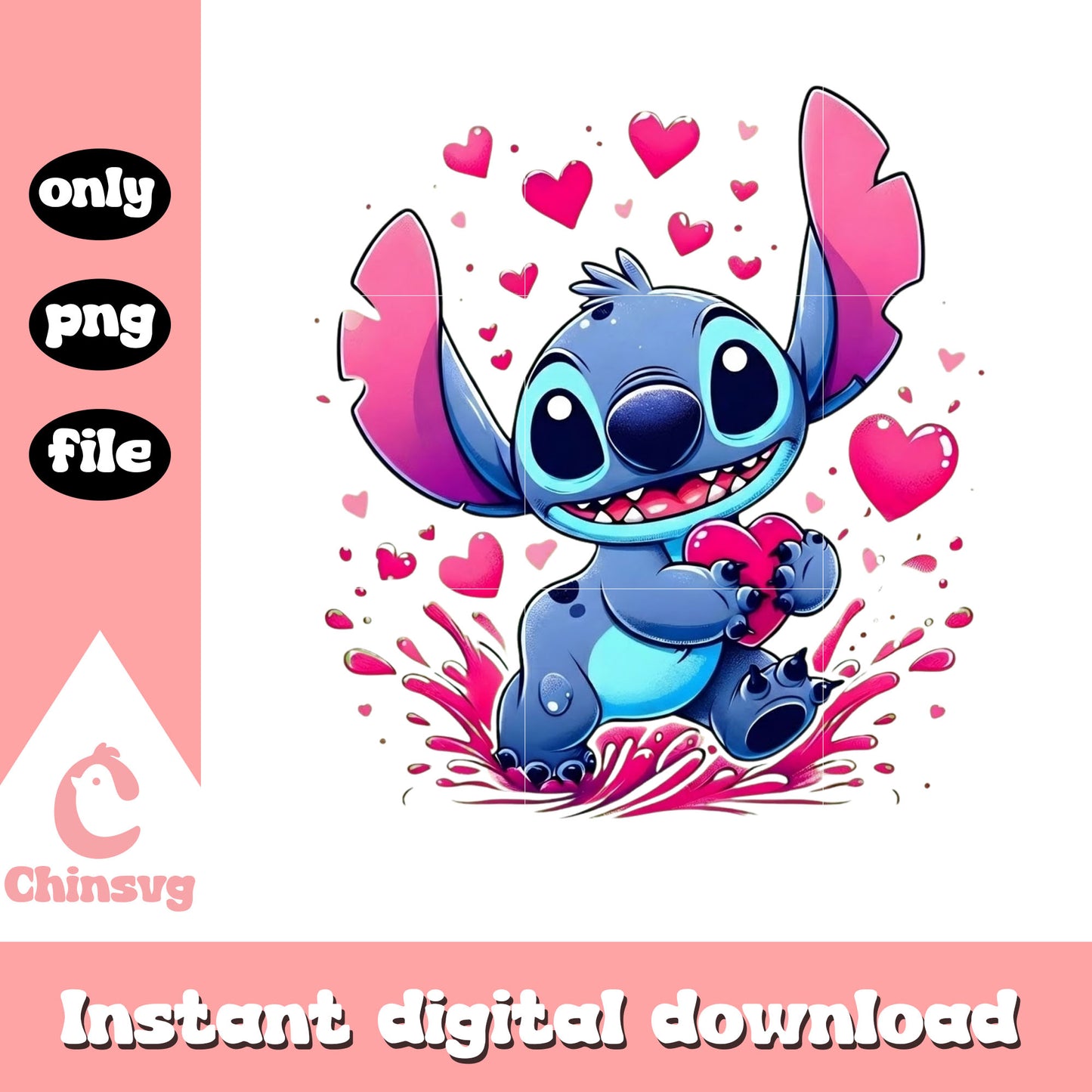 Pink hearts valentine stitch png, stitch valentines day png
