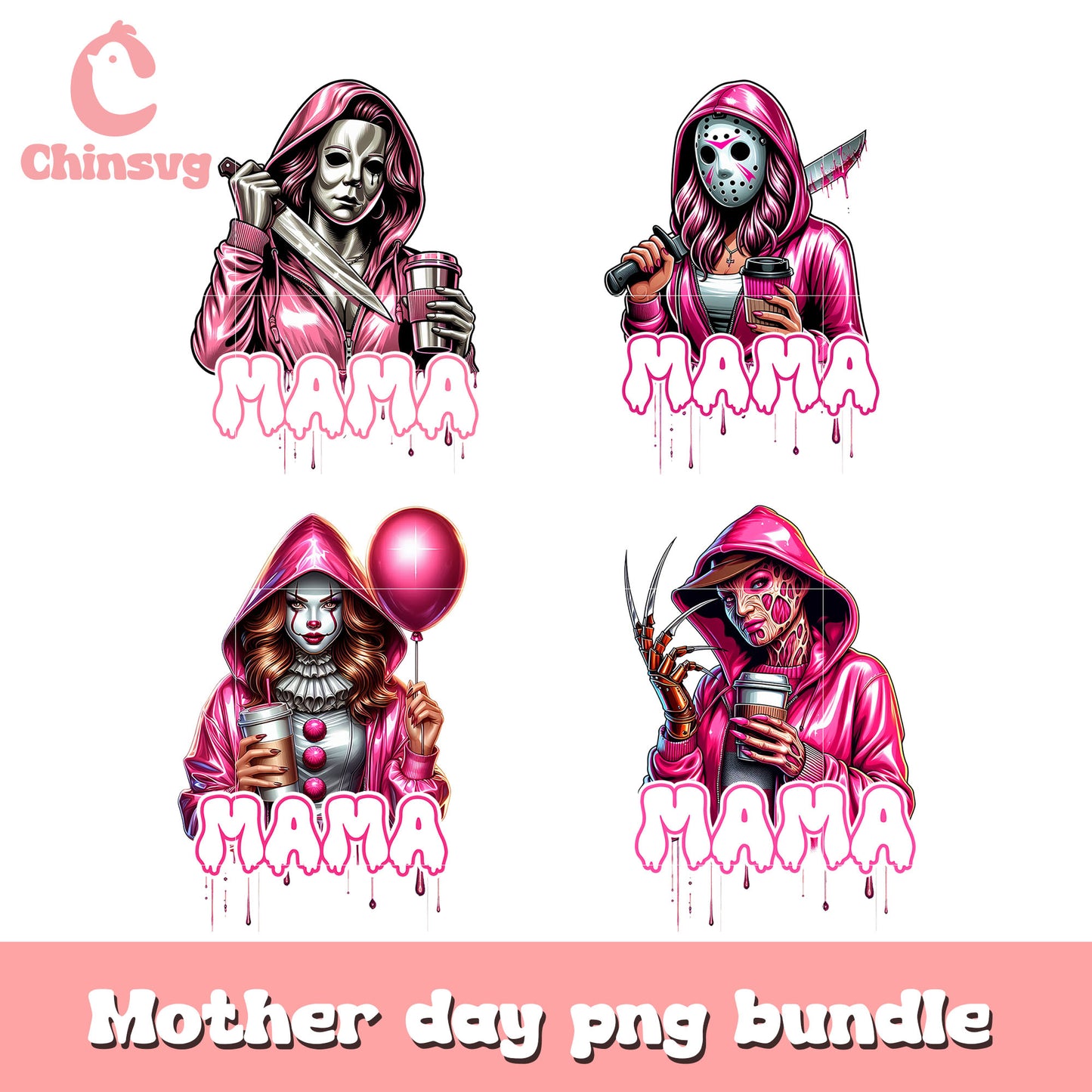 Pink horror mama bundle design png, mom horror png, mama png