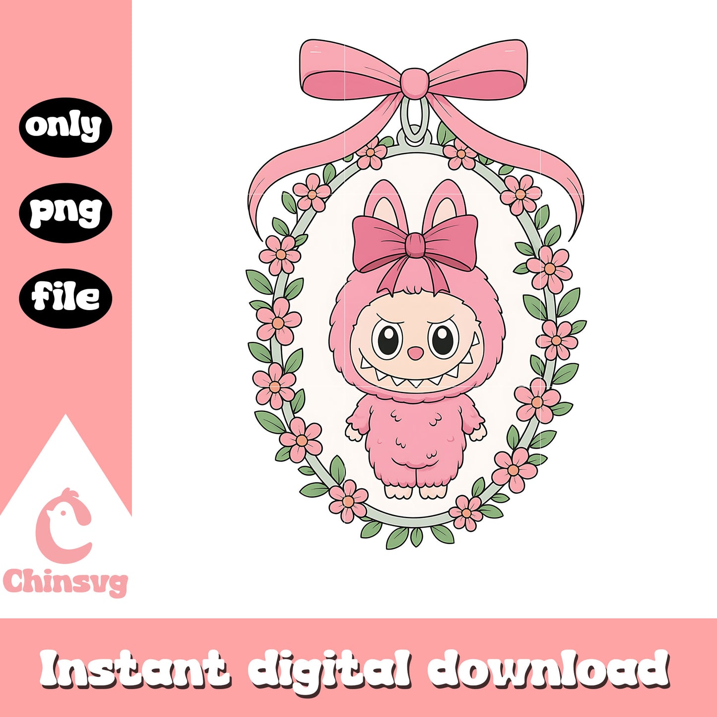 Pink labubu coquette bow floral mirror design png, labubu pink png