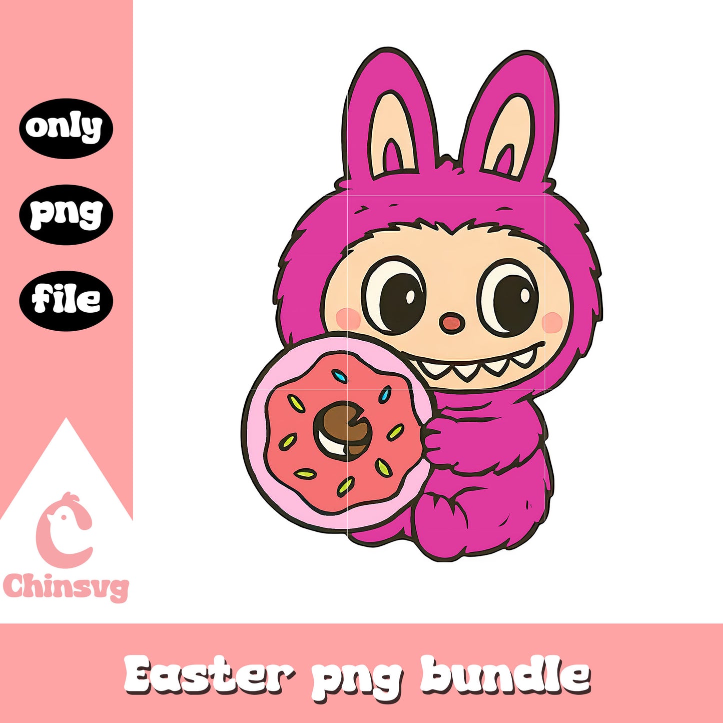 Pink labubu hand donut doll design png, labubu monster png