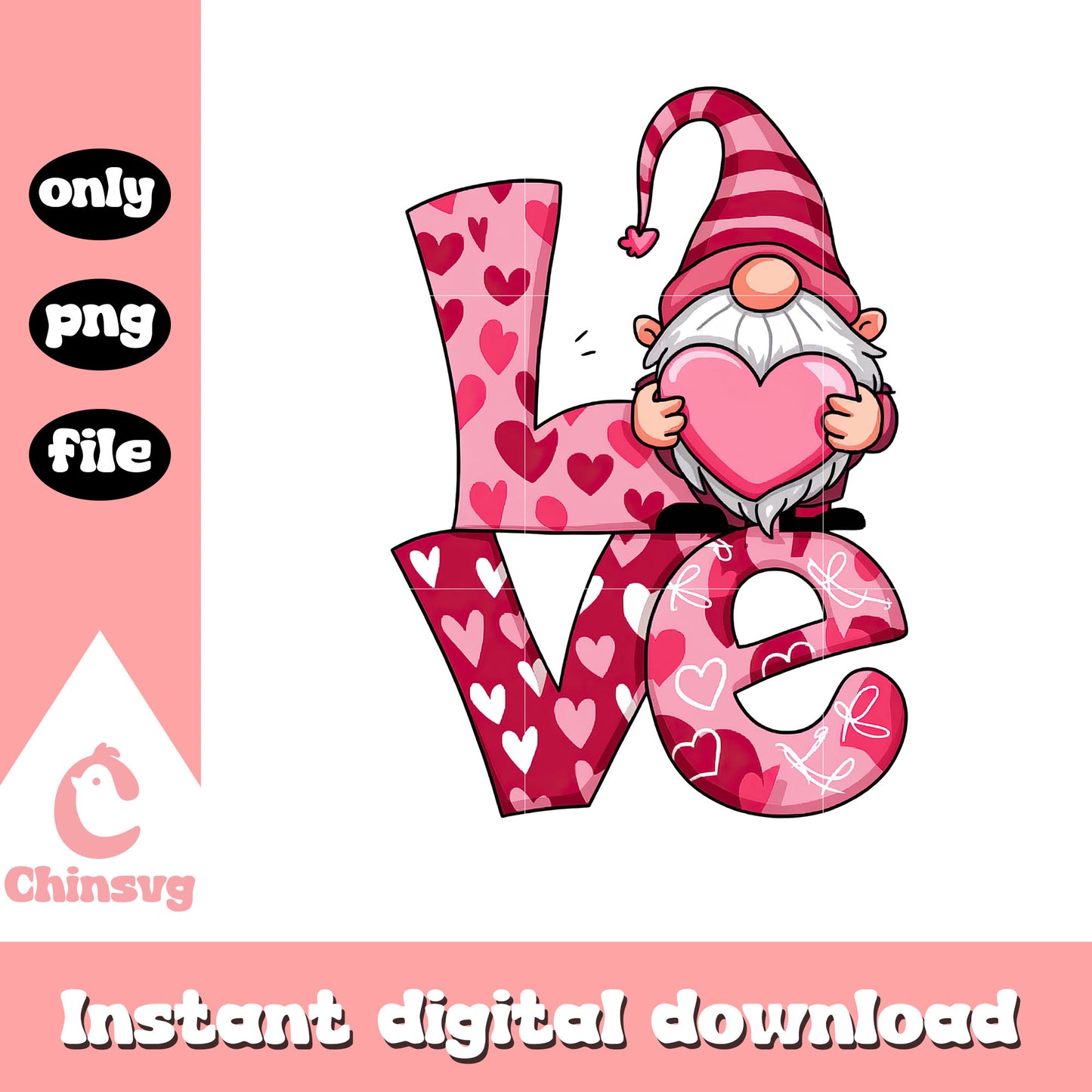 Pink love gnome valentine png, valentines day gnome png