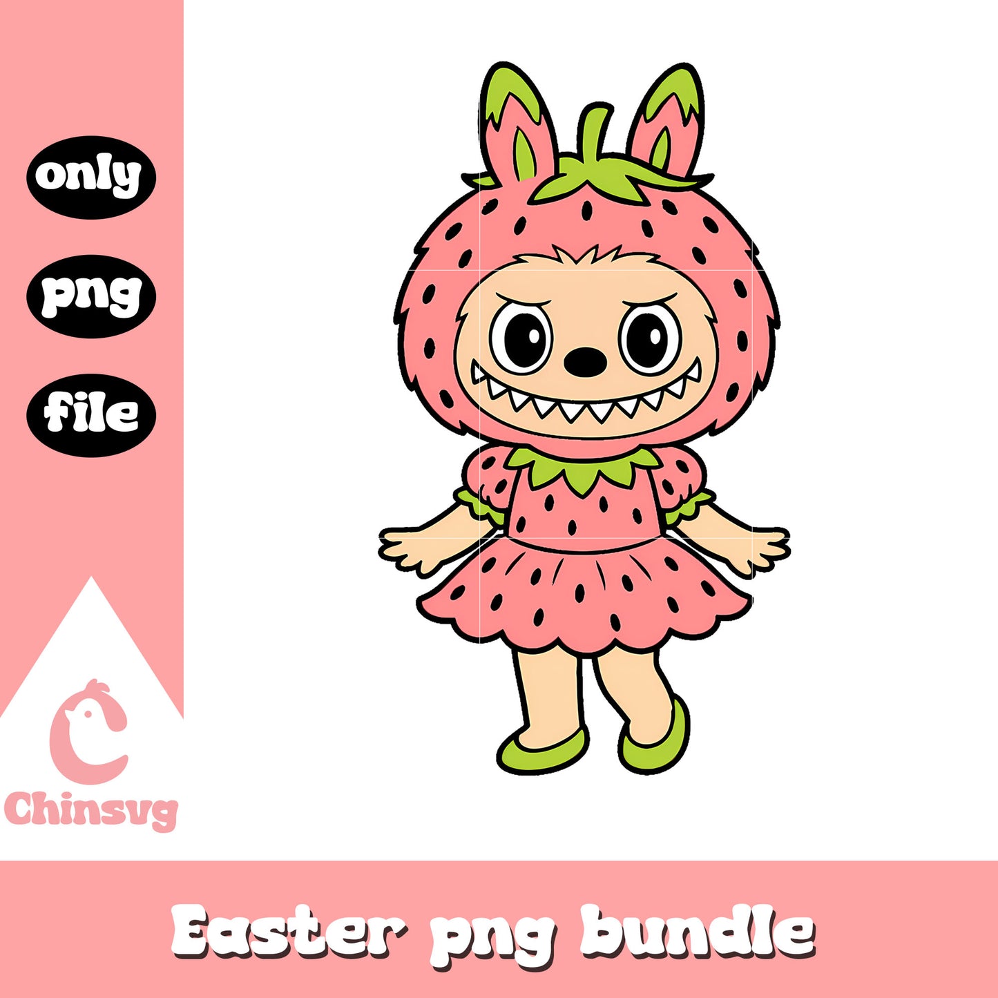 Pink strawberry dress labubu cute doll png, labubu pink png