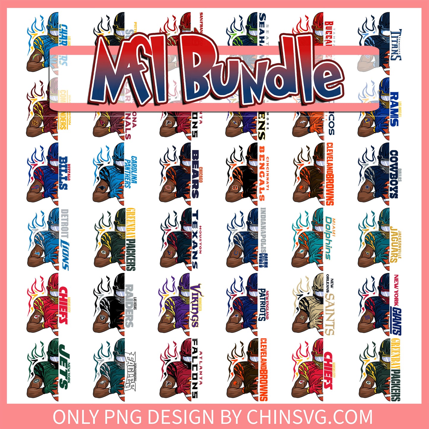 Player half nfl design bundle png, all 32 nfl teams png