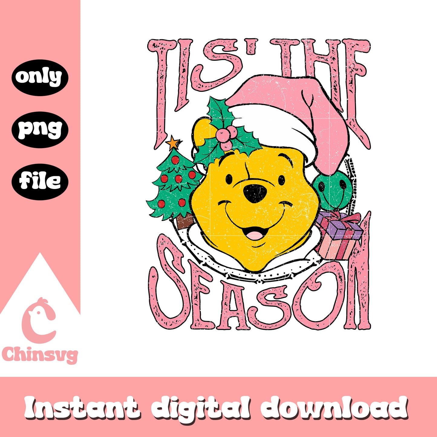 Pooh head tis' the season christmas pink png, winnie the pooh christmas png