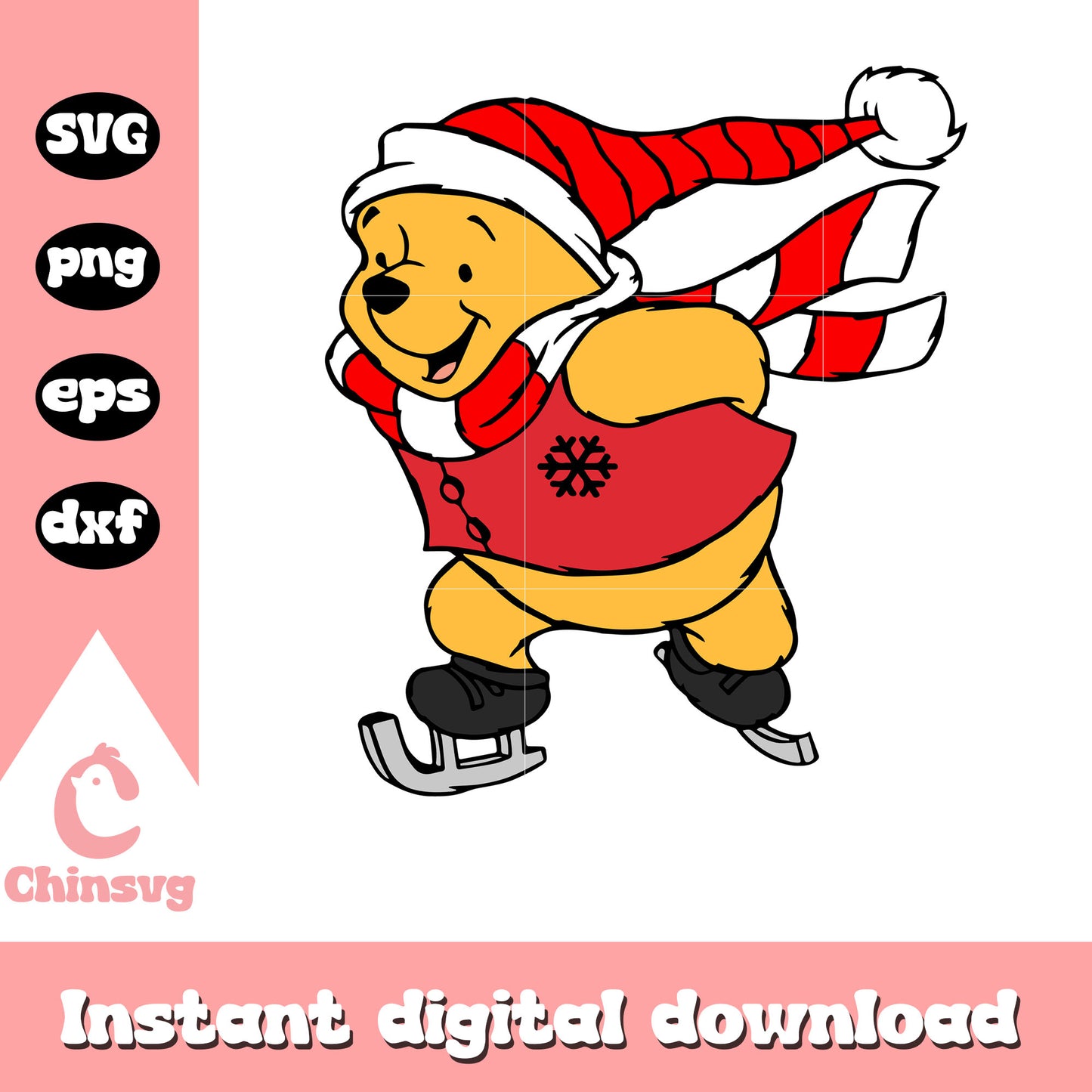 Pooh bear ice skating design svg, pooh merry christmas svg