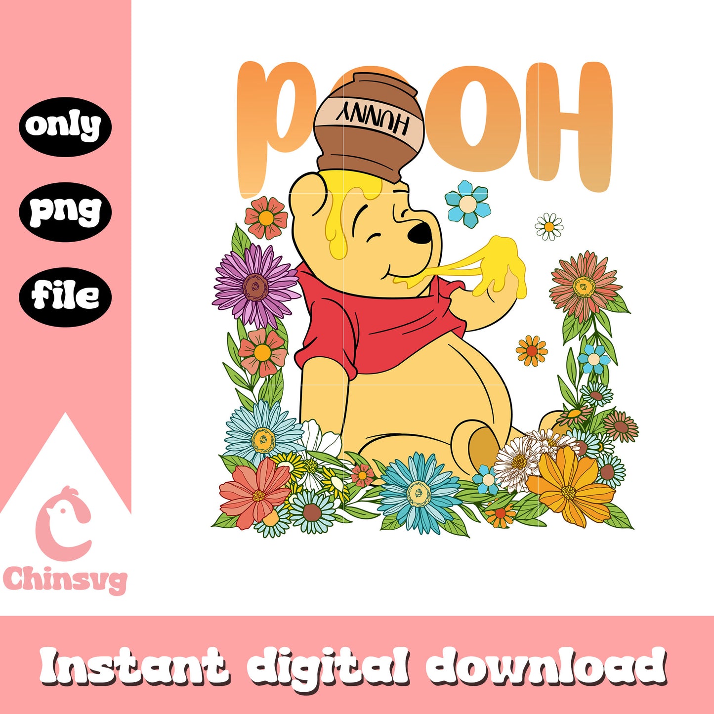 Pooh character vintage flower png, disney character png