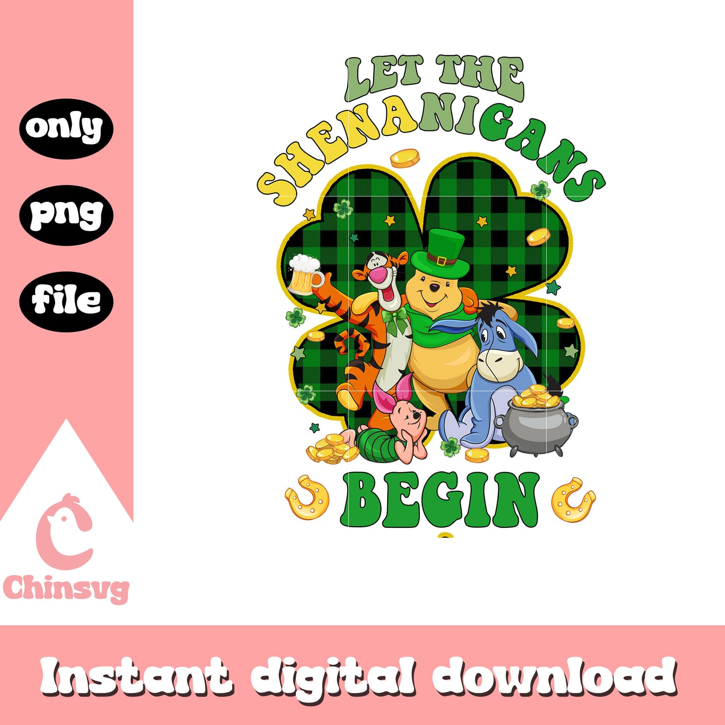 Pooh shamrock let shenanigans begin png, saint patrick day png
