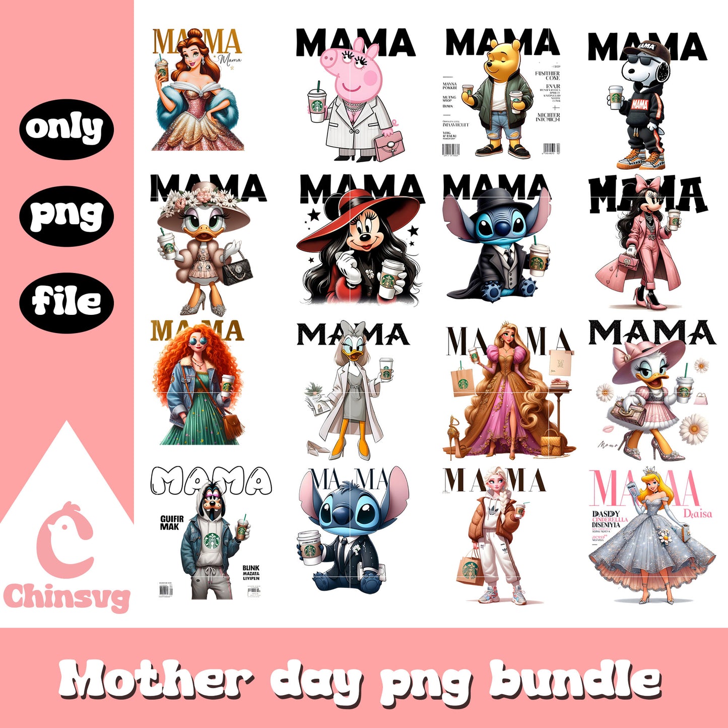 Poster disney characters mama bundle design png, disney png, mother day png