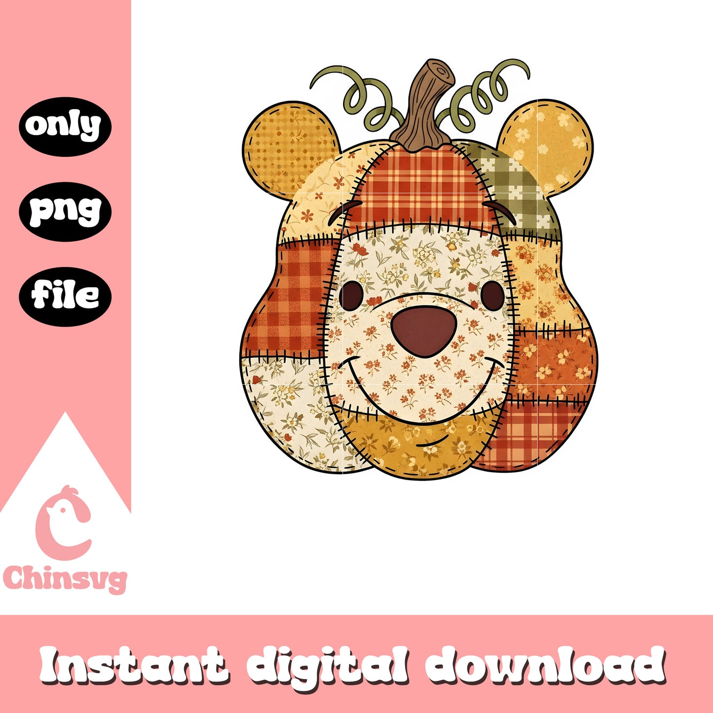 Preppy floral pooh pumpkin patchwork png, disney halloween png
