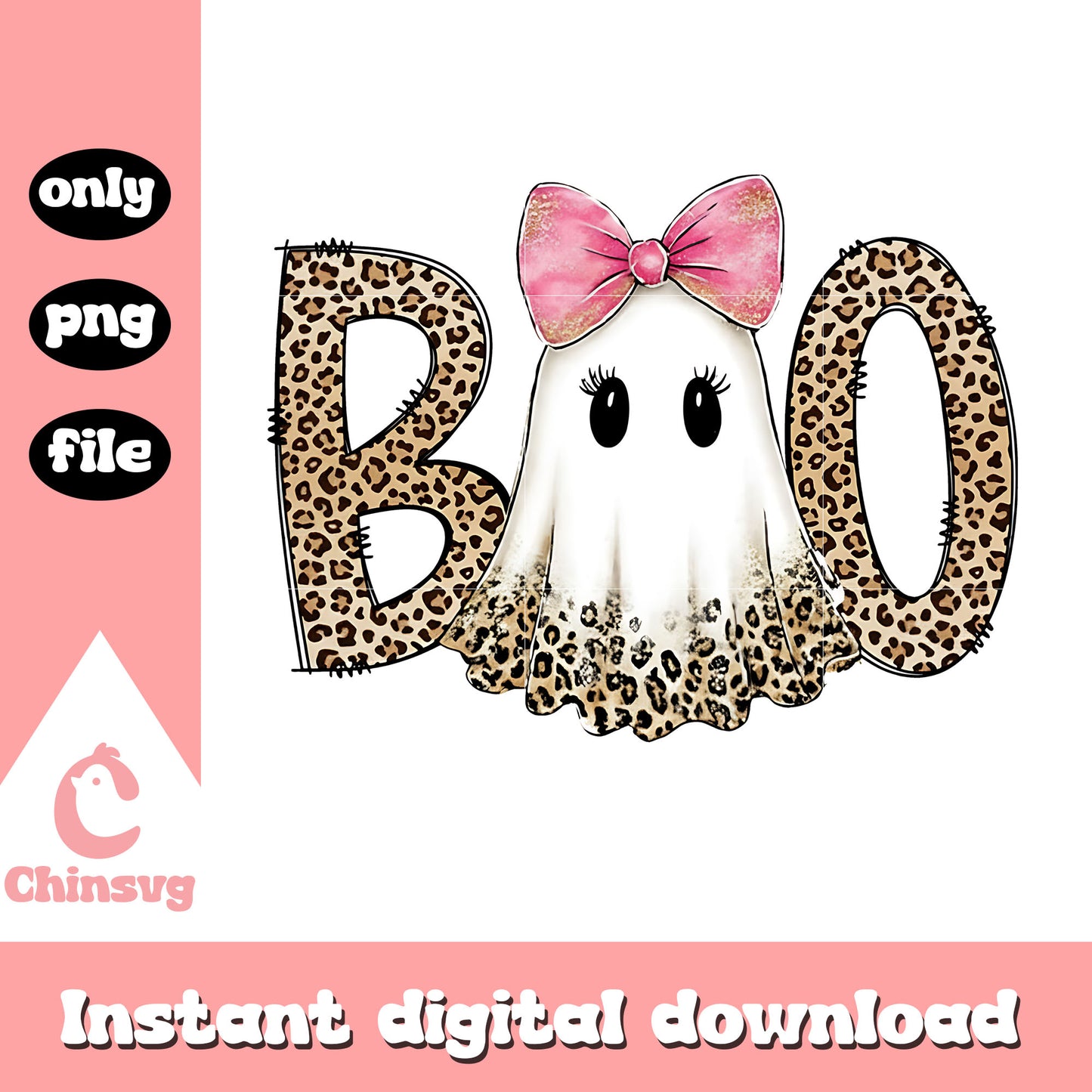 Preppy ghost boo leopard design png, spooky season png
