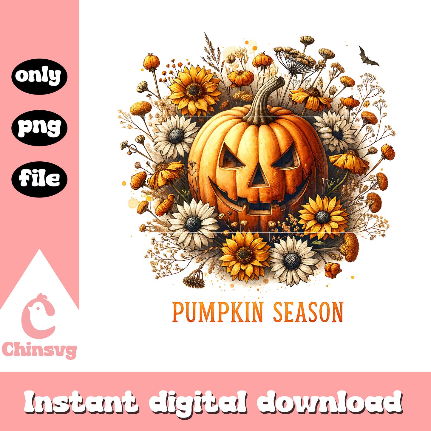 Pumpkin season vintage floral png, pumpkin png