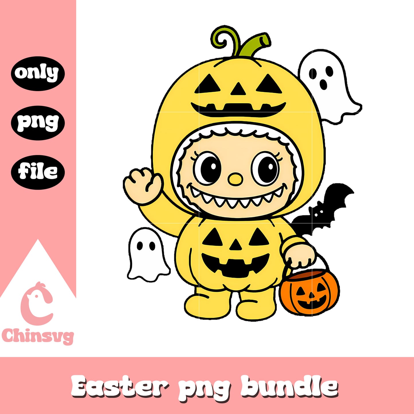 Pumpkin trick-or-treater yellow labubu doll png, pumpkin halloween png