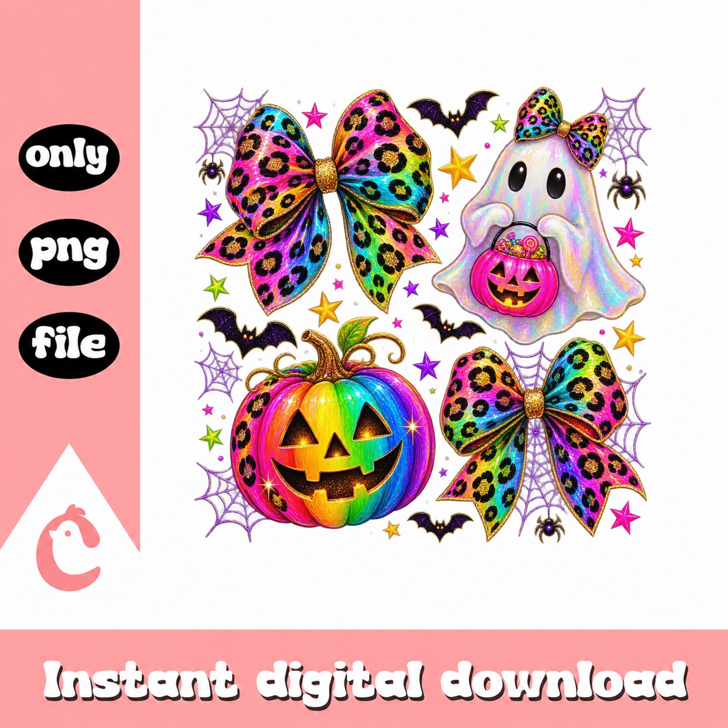 Rainbow Leopard Bows Halloween Clipart, Ghost Pumpkin PNG, PNG