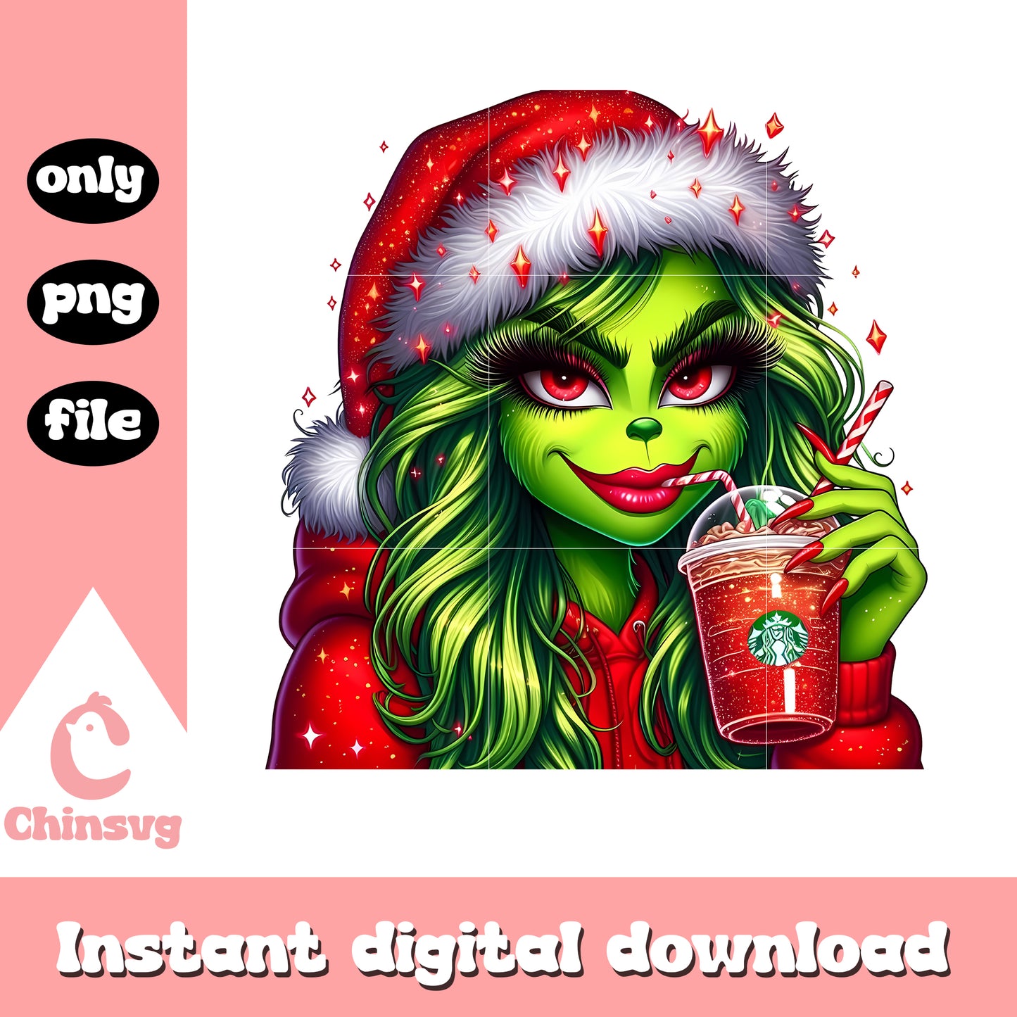 Red grinch girl drinking coffee starbucks png, starbucks grinch png