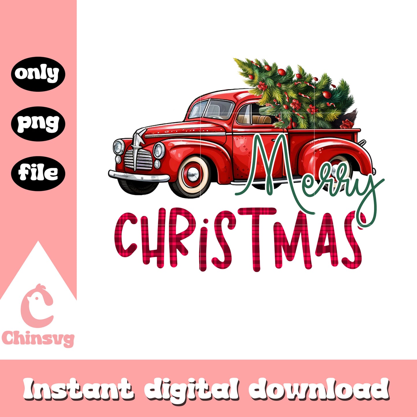 Red truck with christmas tree png, christmas red truck png