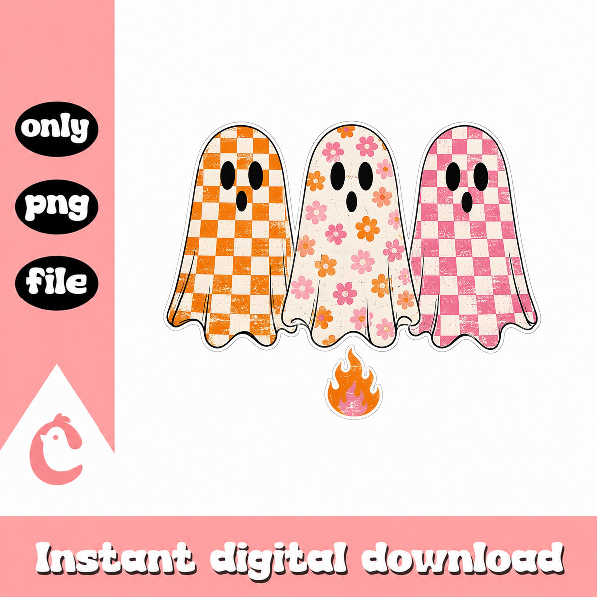 Retro Checkered Ghost Halloween PNG, Floral Ghost PNG, Cute Ghost PNG