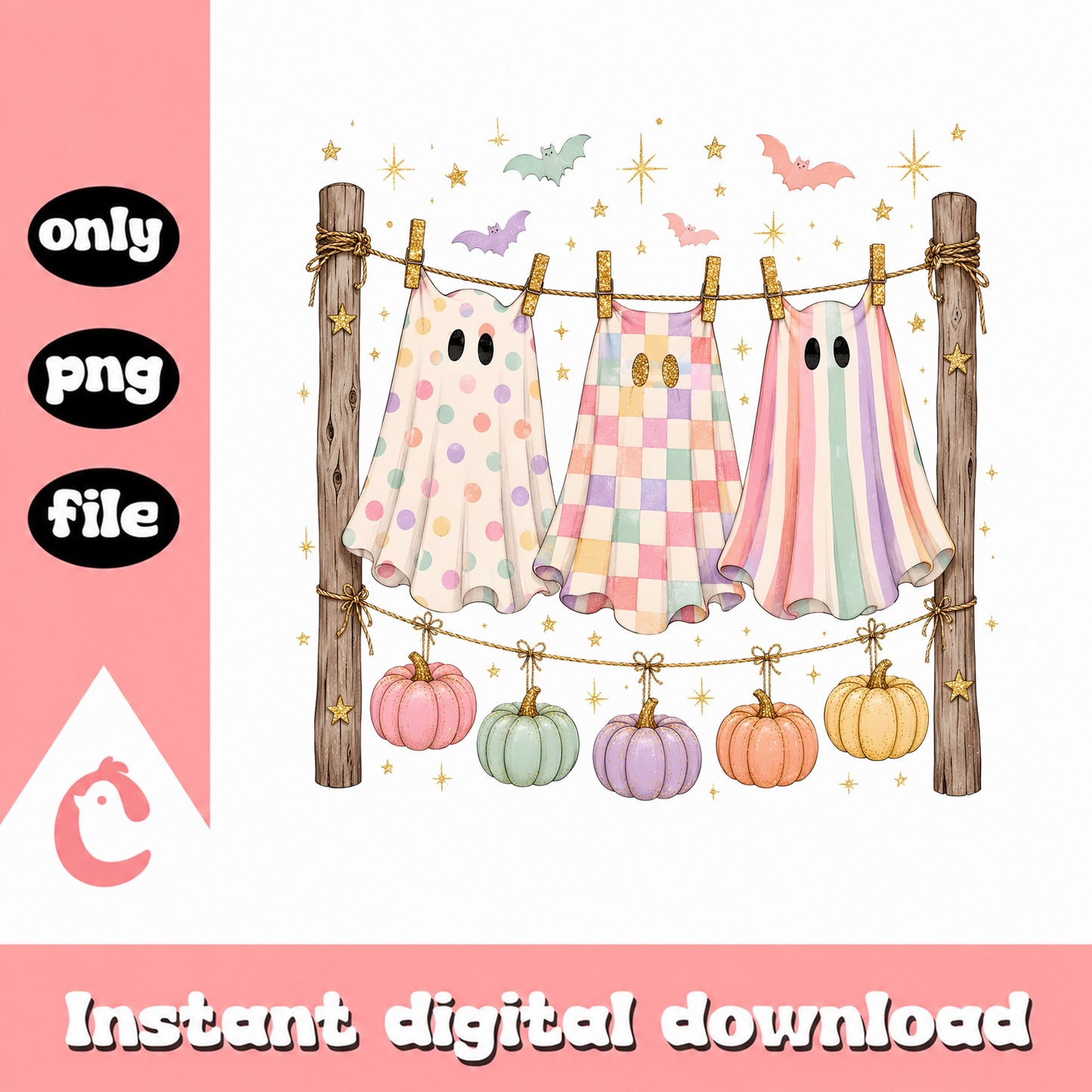 Retro Halloween Ghost Clothesline PNG, Cute Ghost Pumpkin, Halloween PNG
