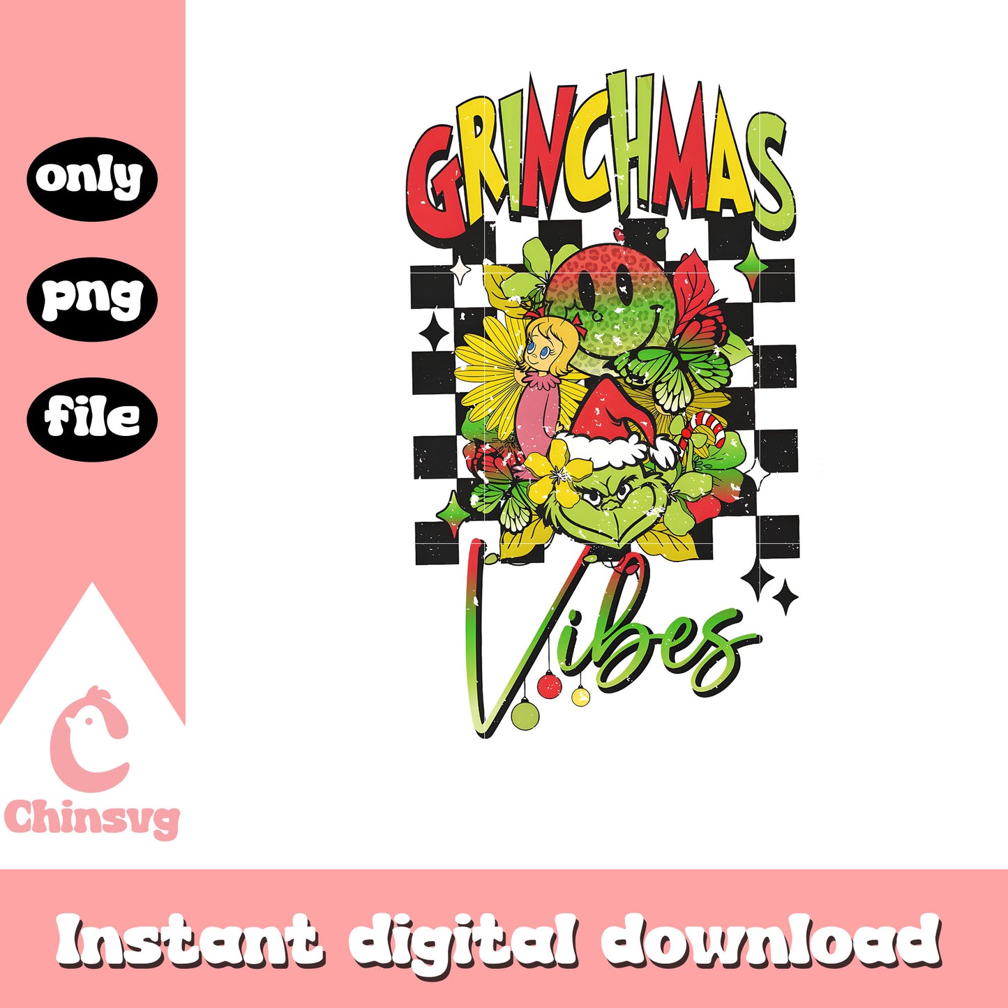 Retro grinchmas vibes floral design png, grinch and cindy lou png