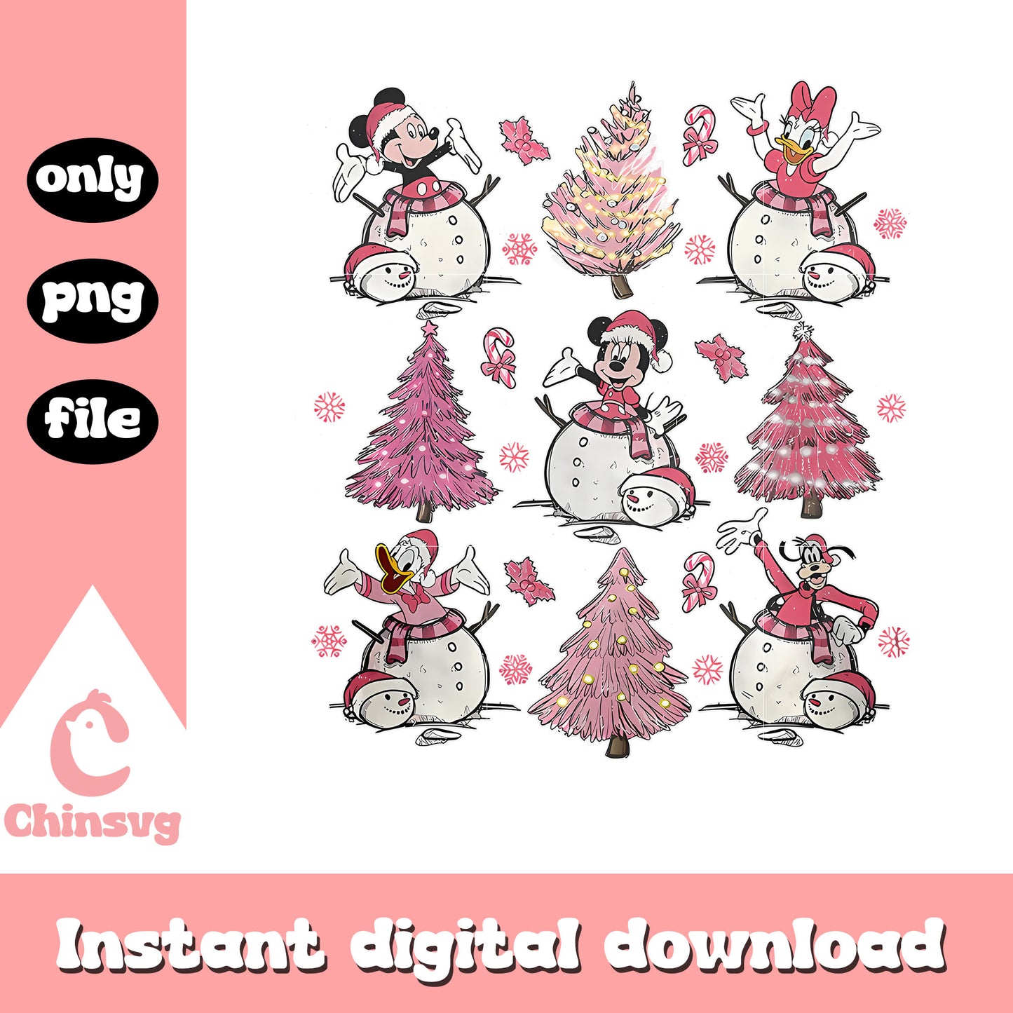 Retro christmas mickey disney snowman png, pink christmas png