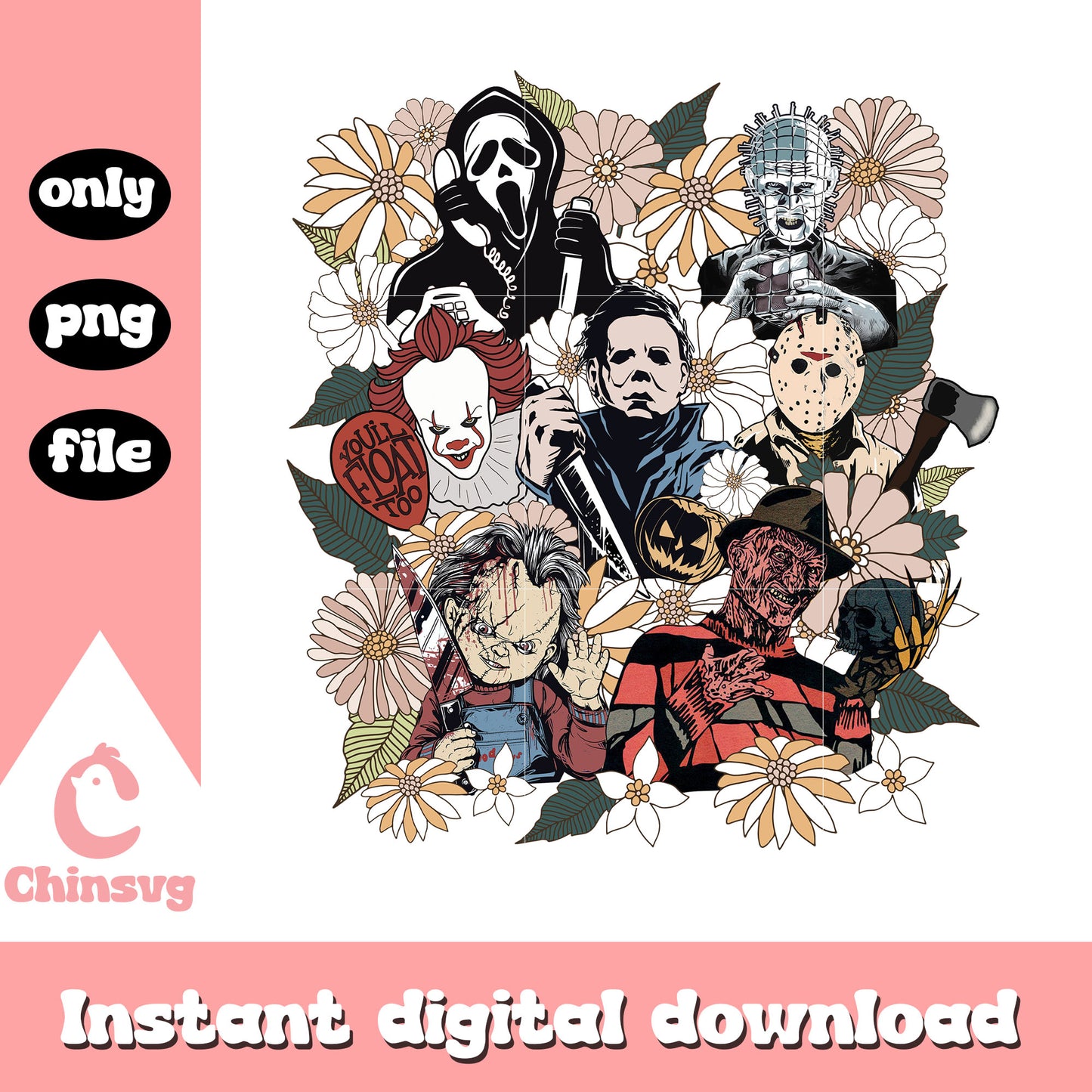 Retro floral horror characters png, Famous horror movies png