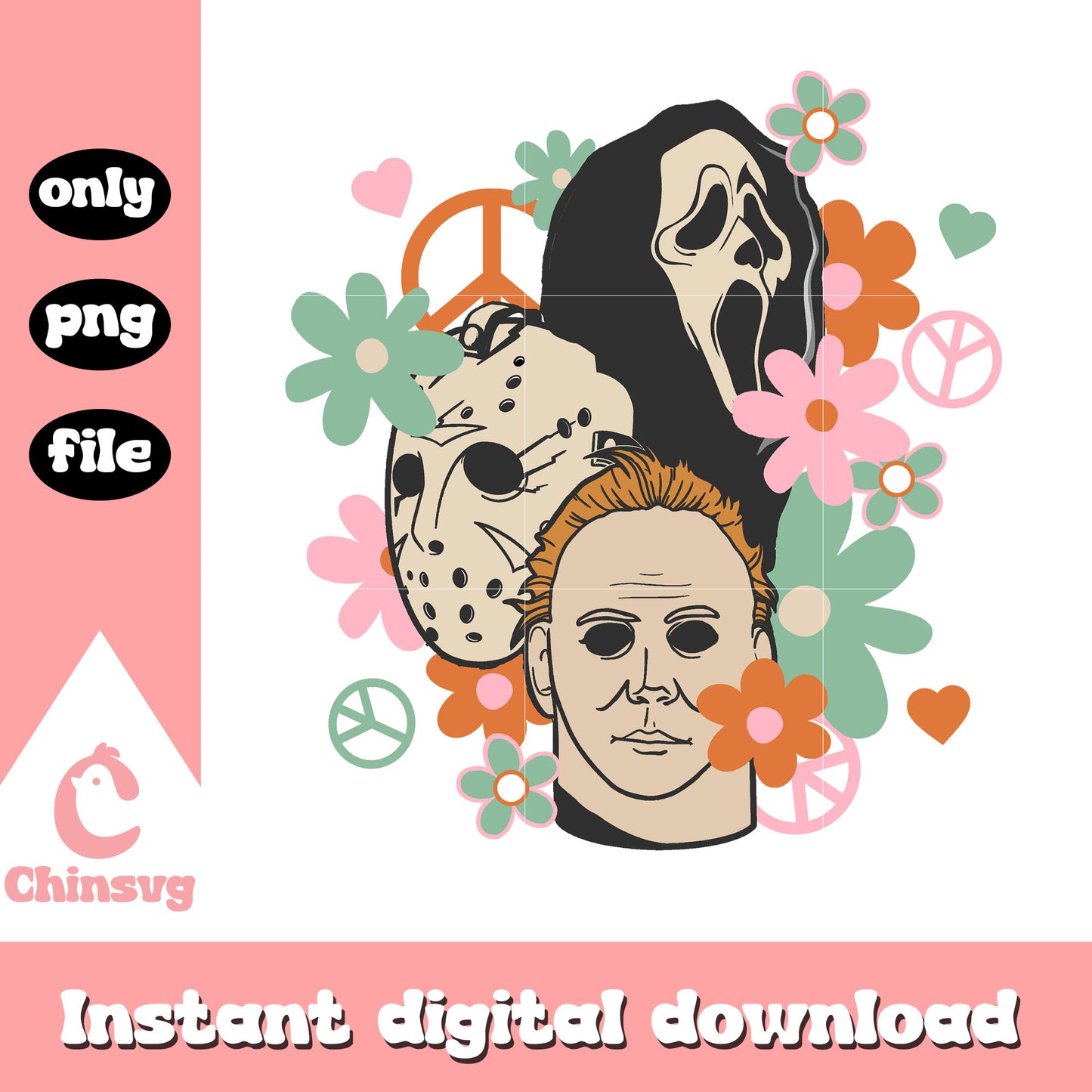 Retro horror movie characters floral png, Michael Myers floral png