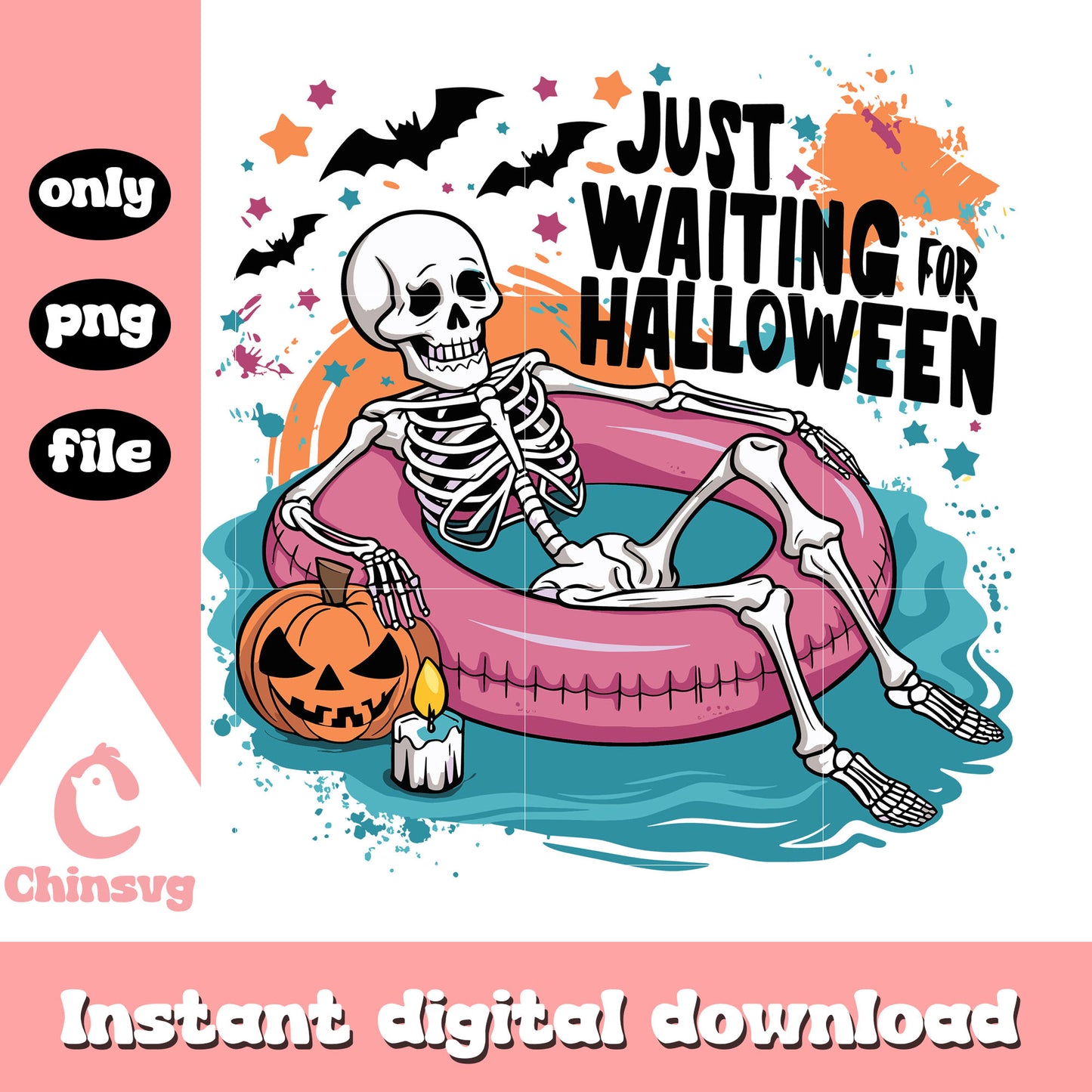 Retro skeleton just waiting for halloween design png, halloween art png