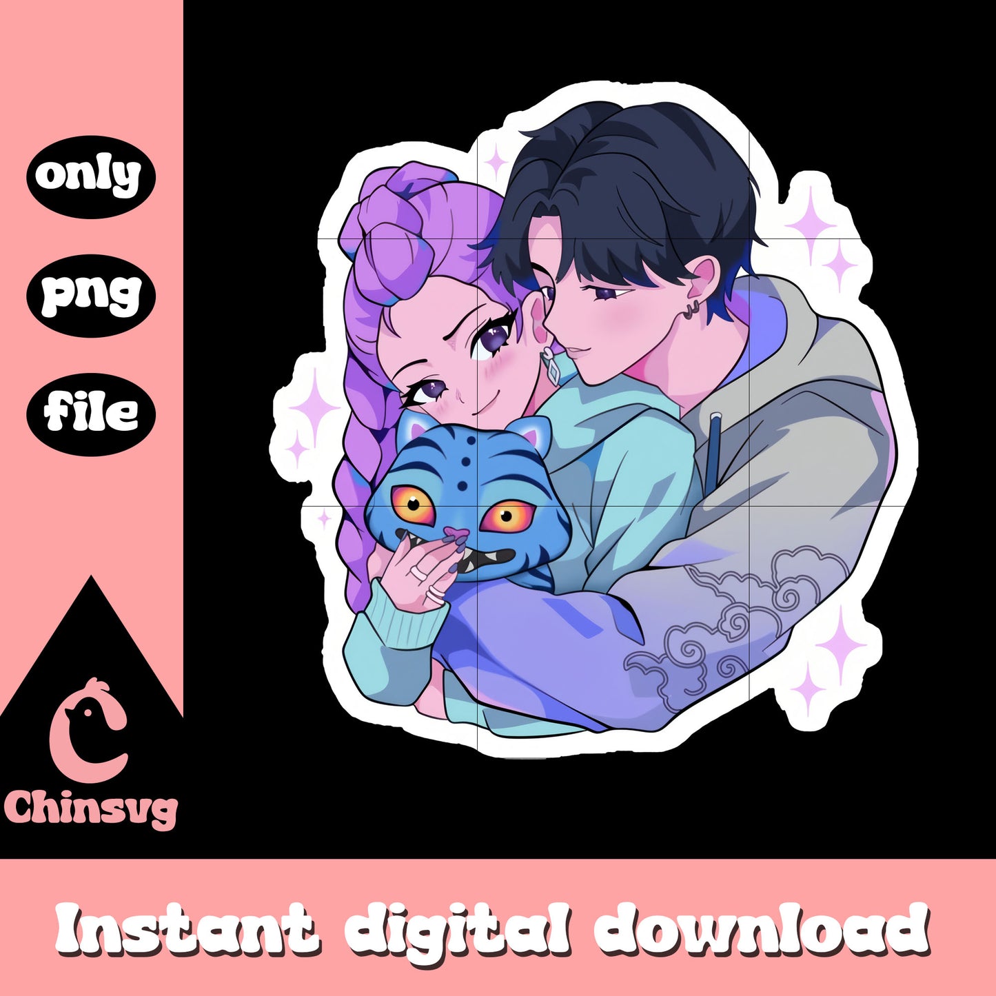 Rumi and jinu kpop couple sticker png, kpop demon hunter png