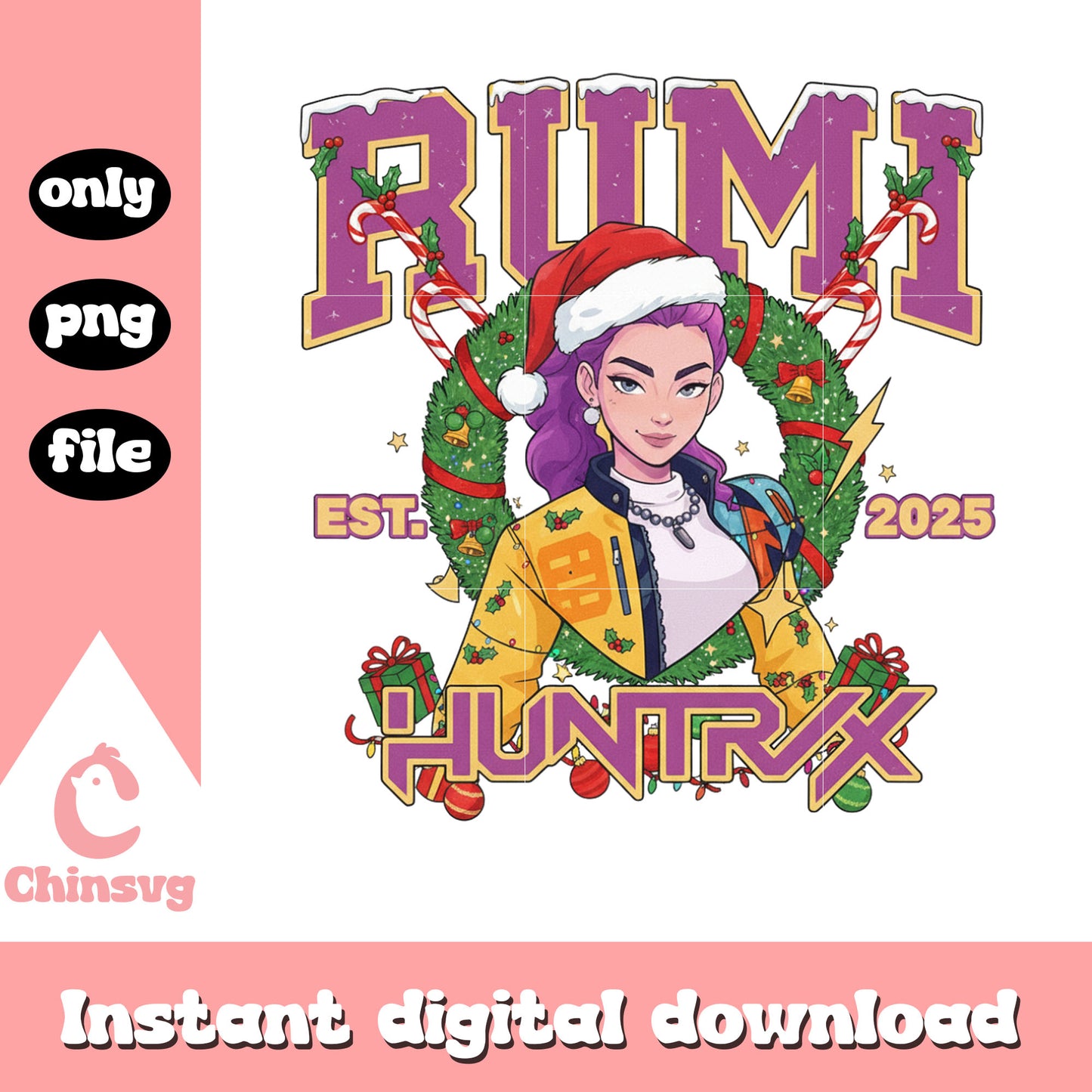 Rumi huntrix christmas wreath design png, merry christmas png