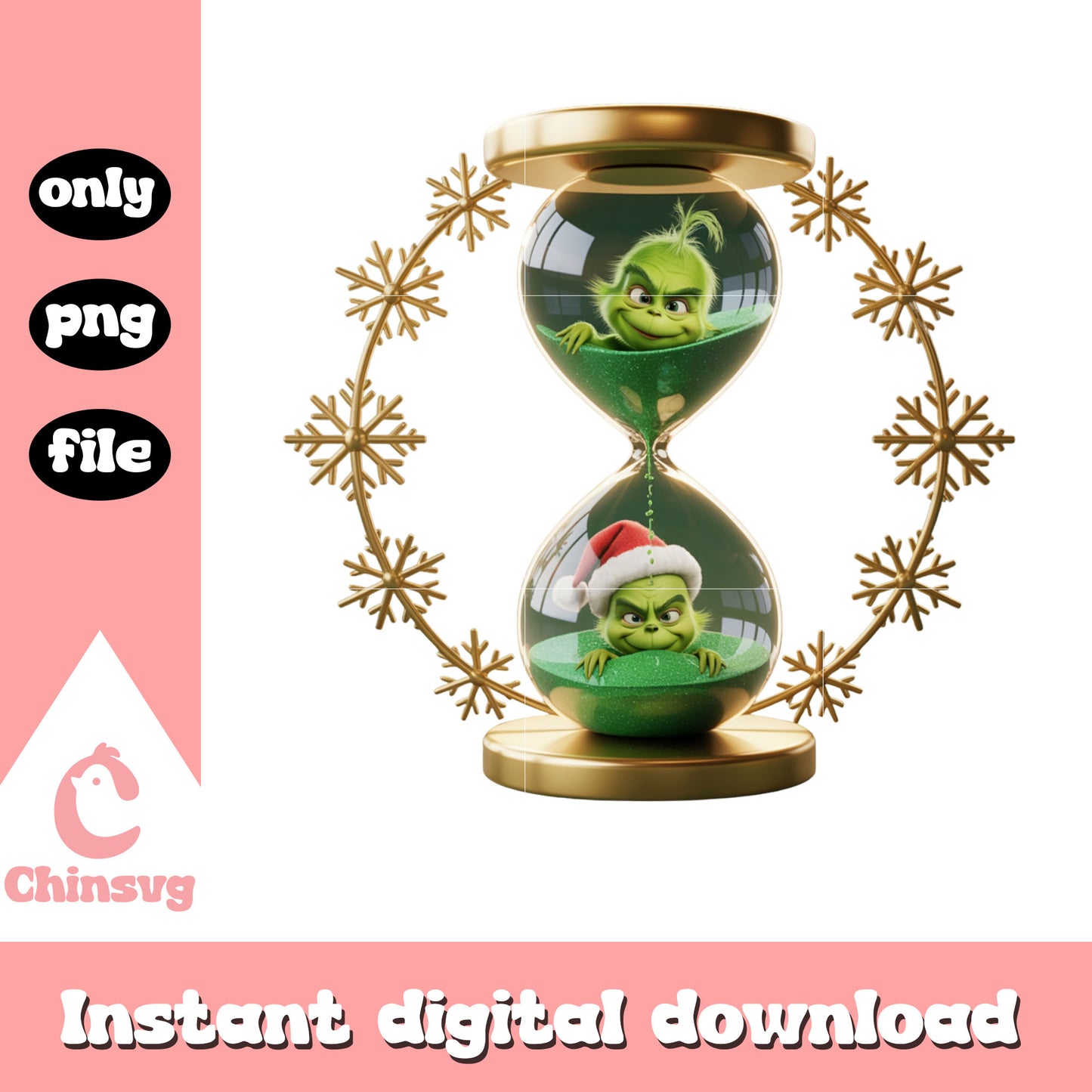 Sand clock grinch christmas snowflake png, cute grinch face png