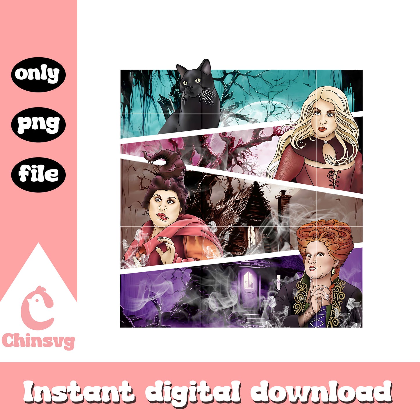 Sanderson sisters and cat horror design png, the sanderson sisters png