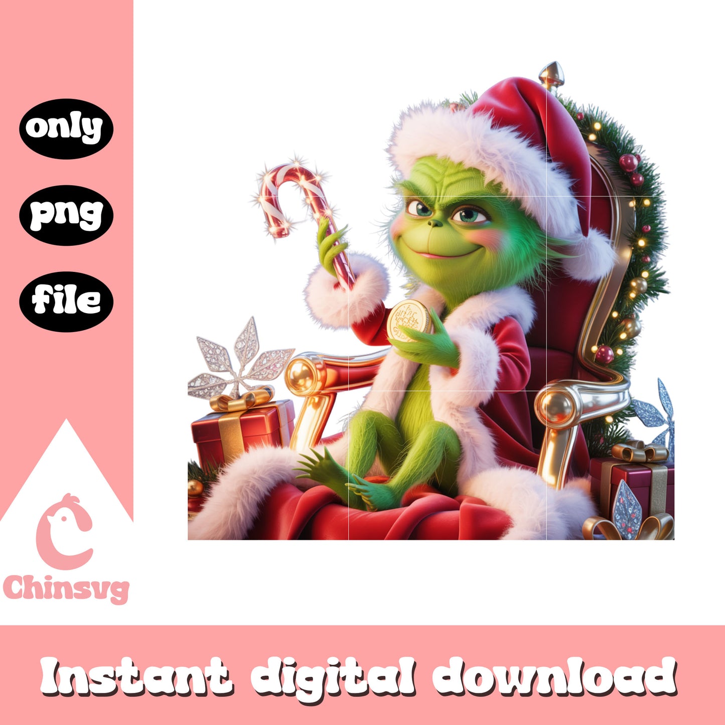 Santa-style grinch sparkling candy cane png, grinch animated png