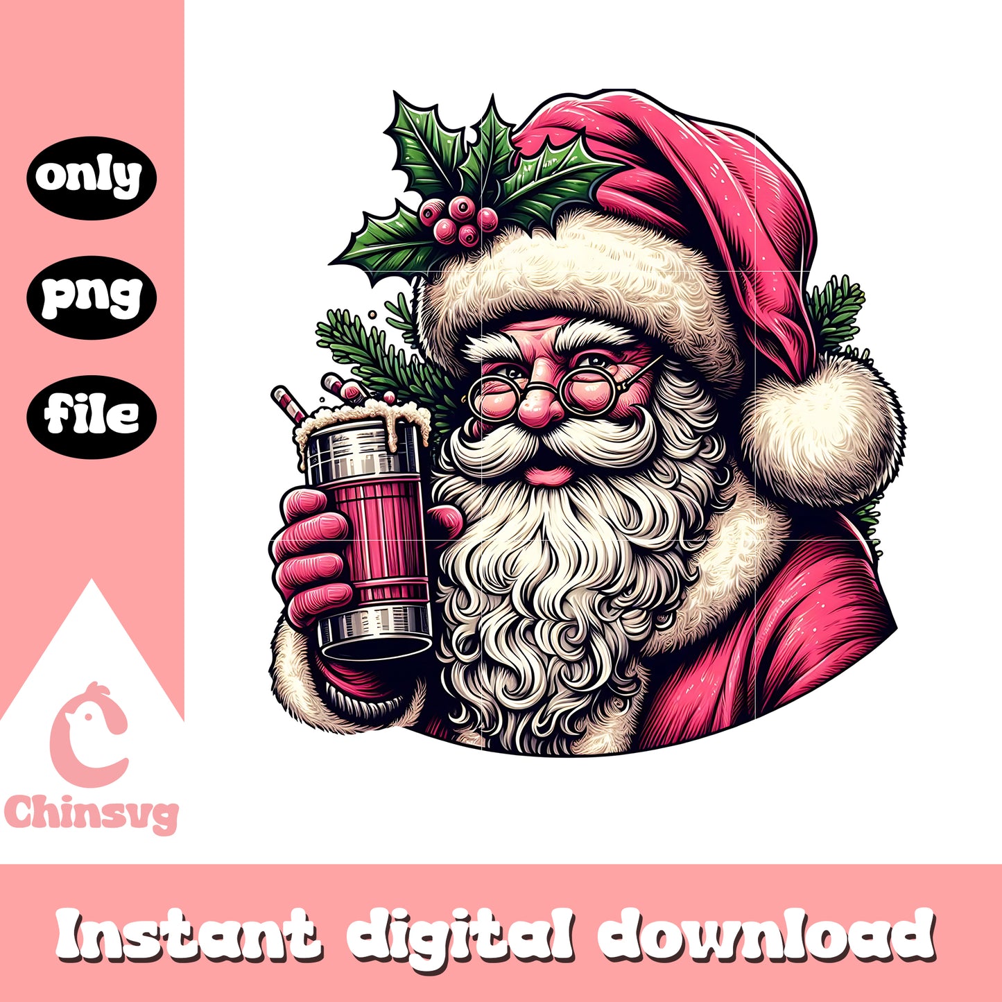 Santa claus drinking chirstmas png, santa claus in pink png