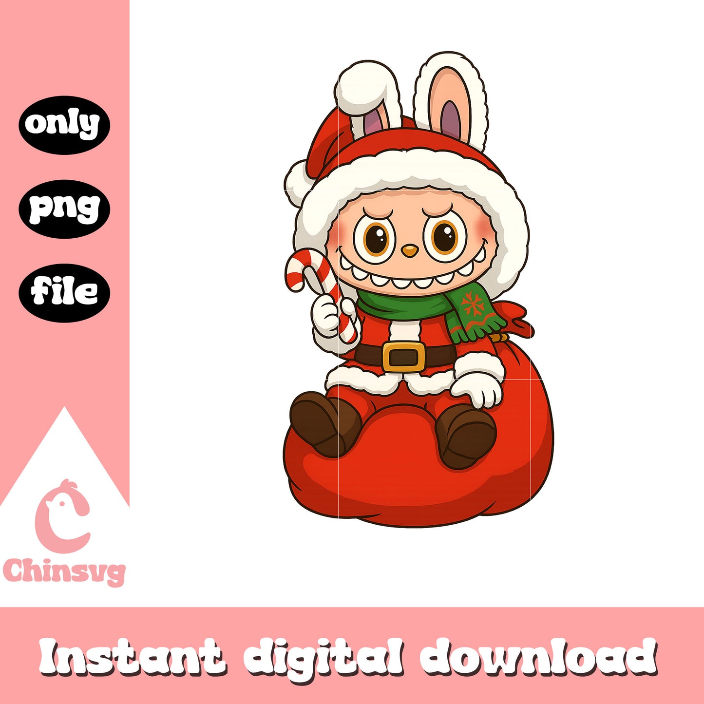 Santa claus labubu monster design png, santa sack png