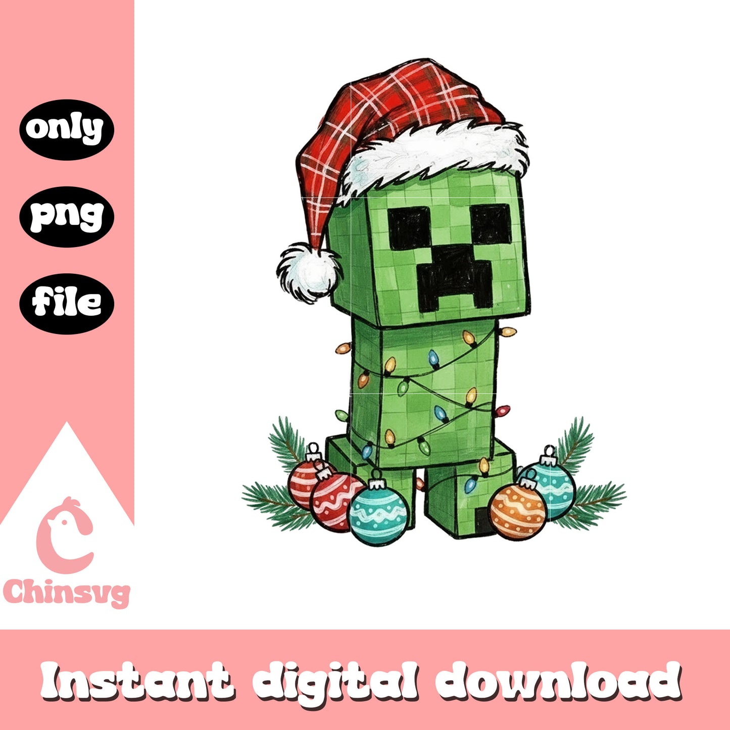 Santa creeper christmas balls design png, creeper minecraft png