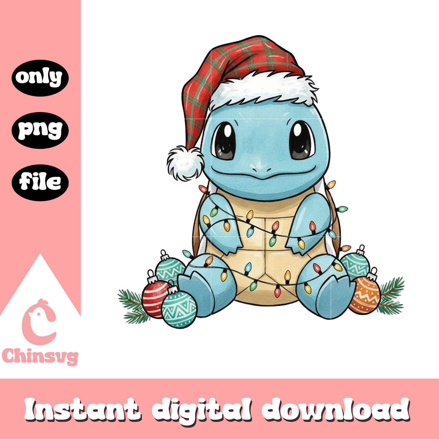 Santa squirtle christmas balls design png, squirtle pokemon png