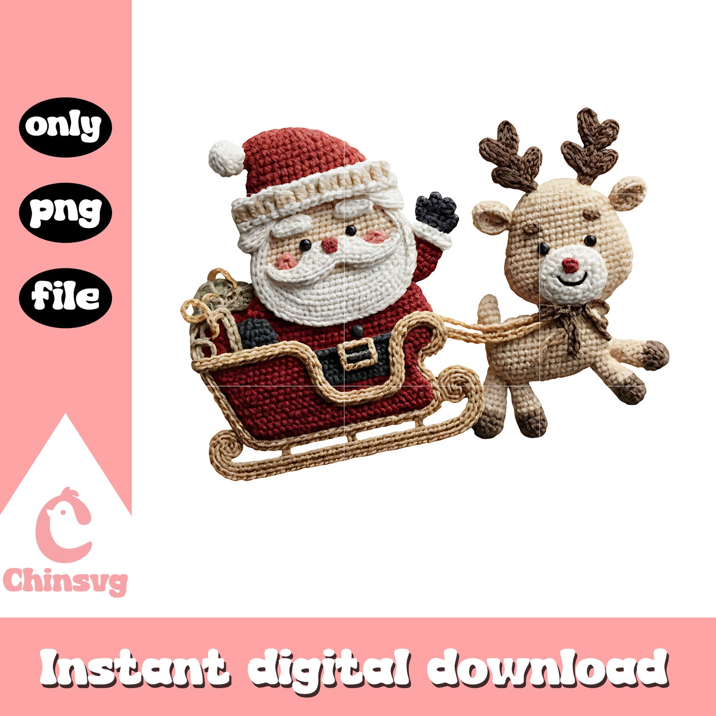 Santa with reindeer crochet png, santa flying png, christmas png